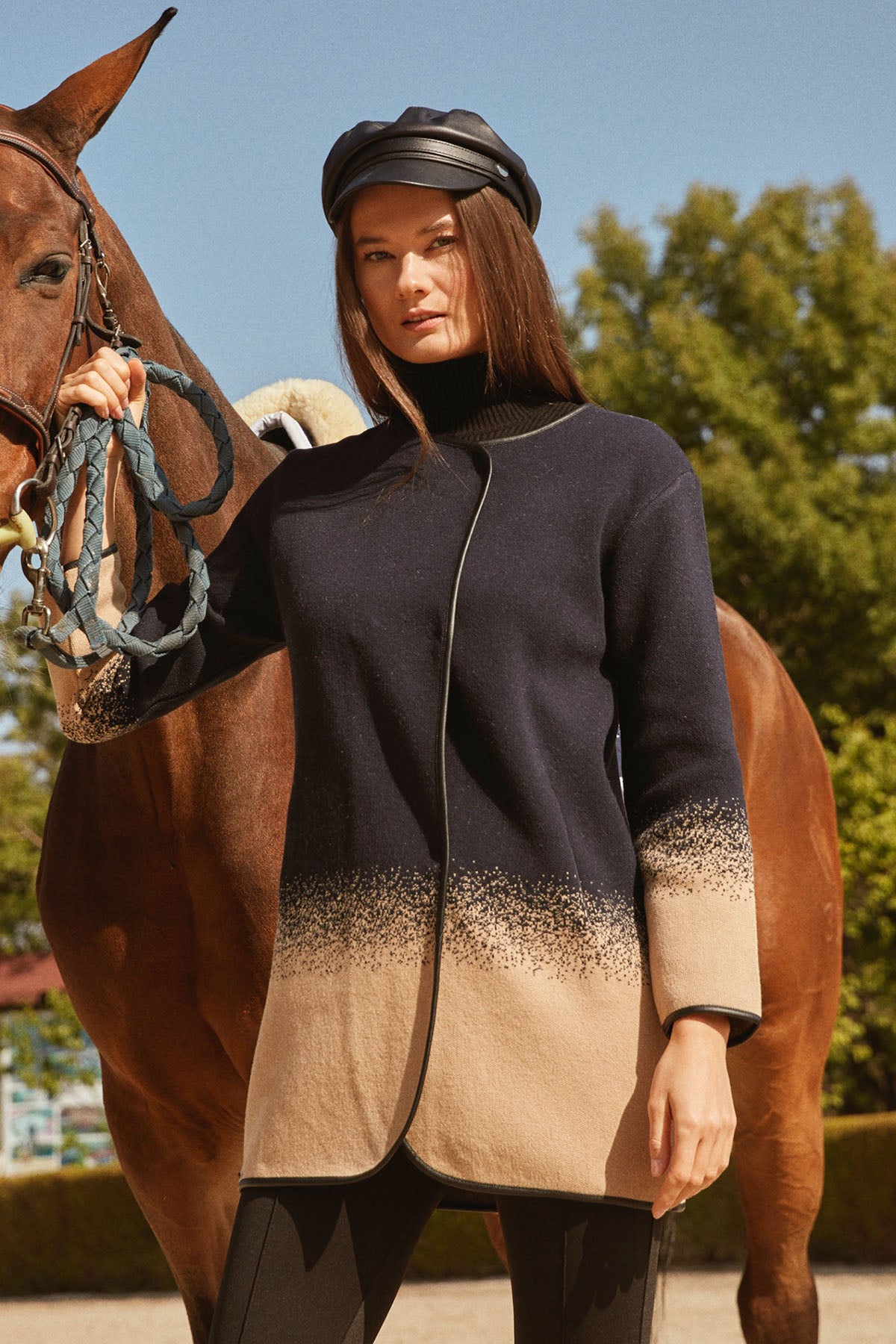 Deri Biye Detaylı Çift Renk Triko Ceket - Lacivert (1) Sementa