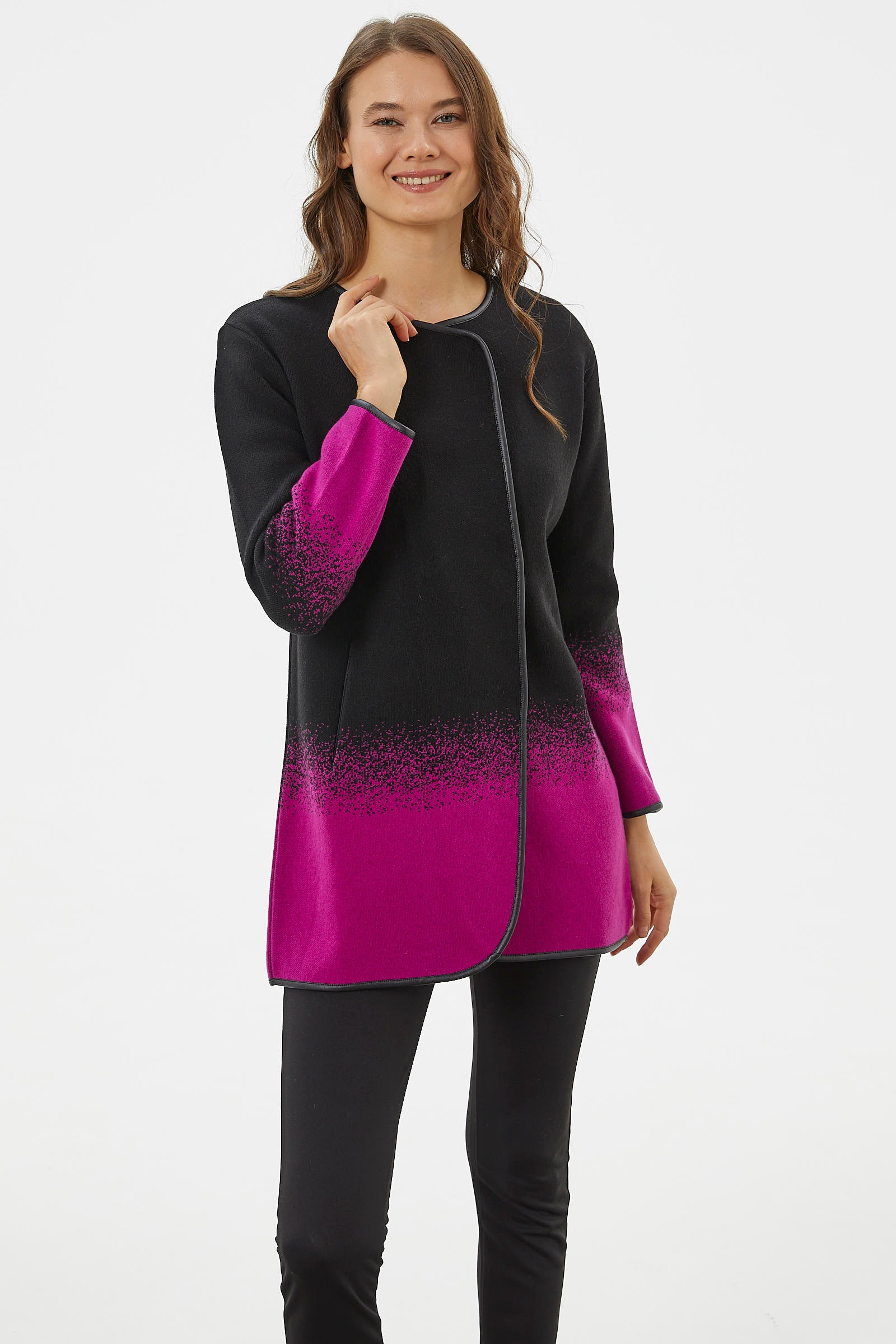 Deri Biye Detaylı Çift Renk Triko Ceket - Siyah (2) Sementa