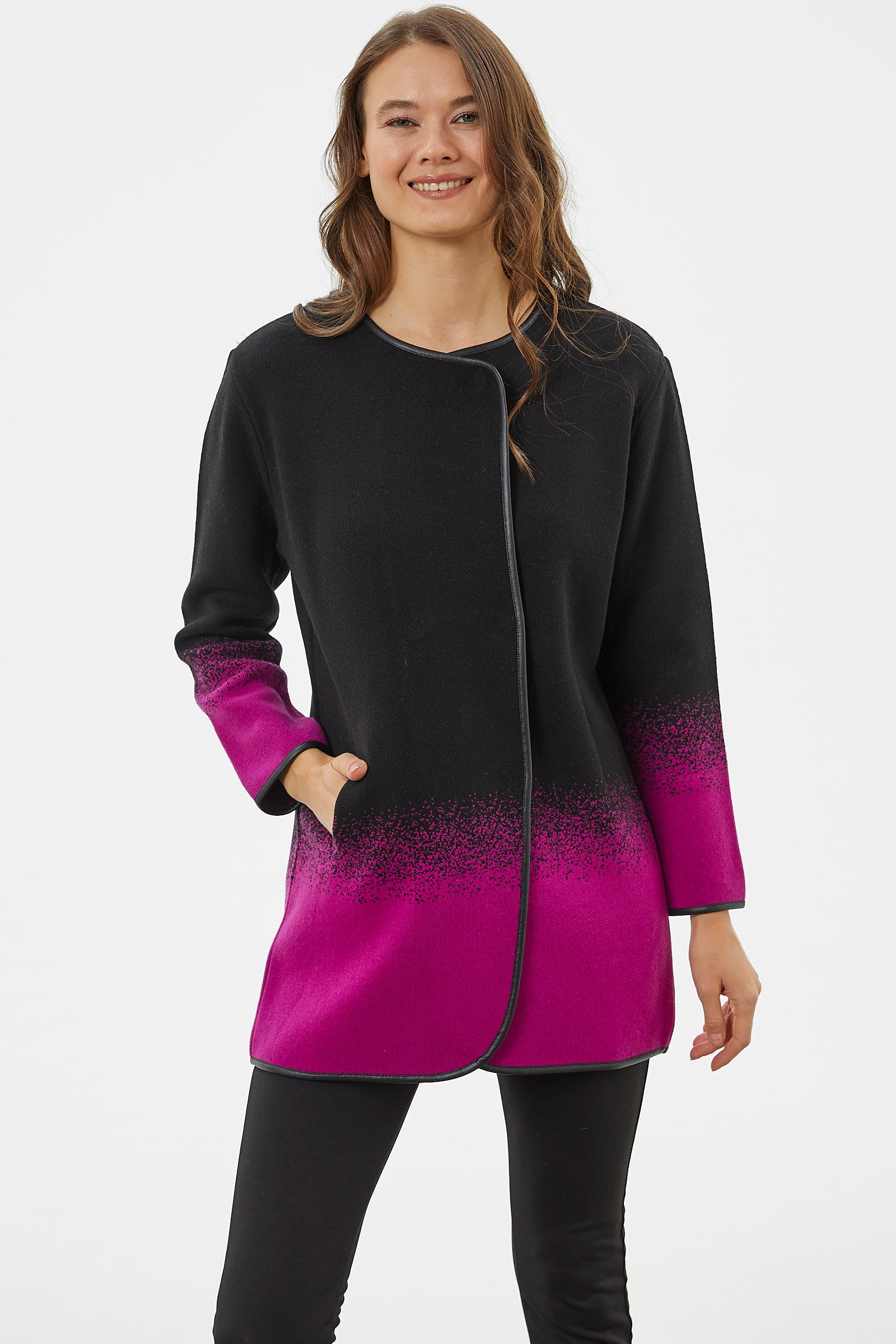 Deri Biye Detaylı Çift Renk Triko Ceket - Siyah (3) Sementa