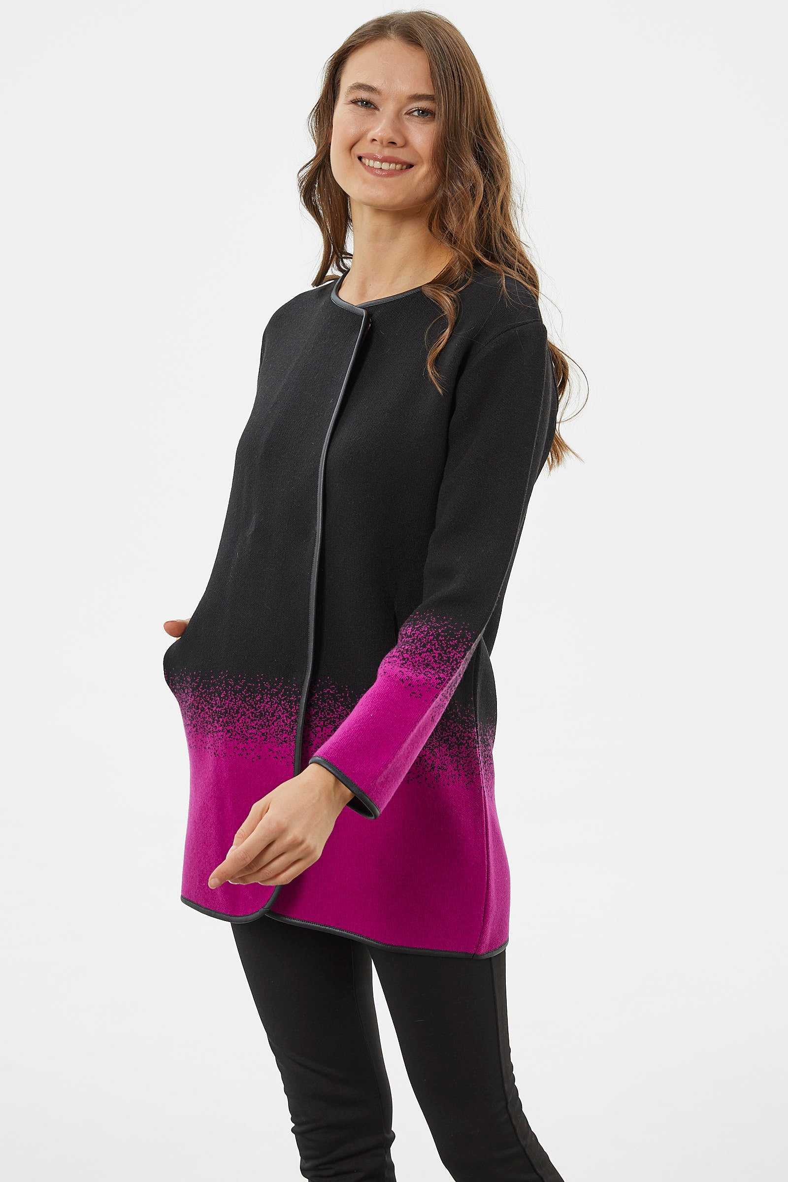 Deri Biye Detaylı Çift Renk Triko Ceket - Siyah (4) Sementa