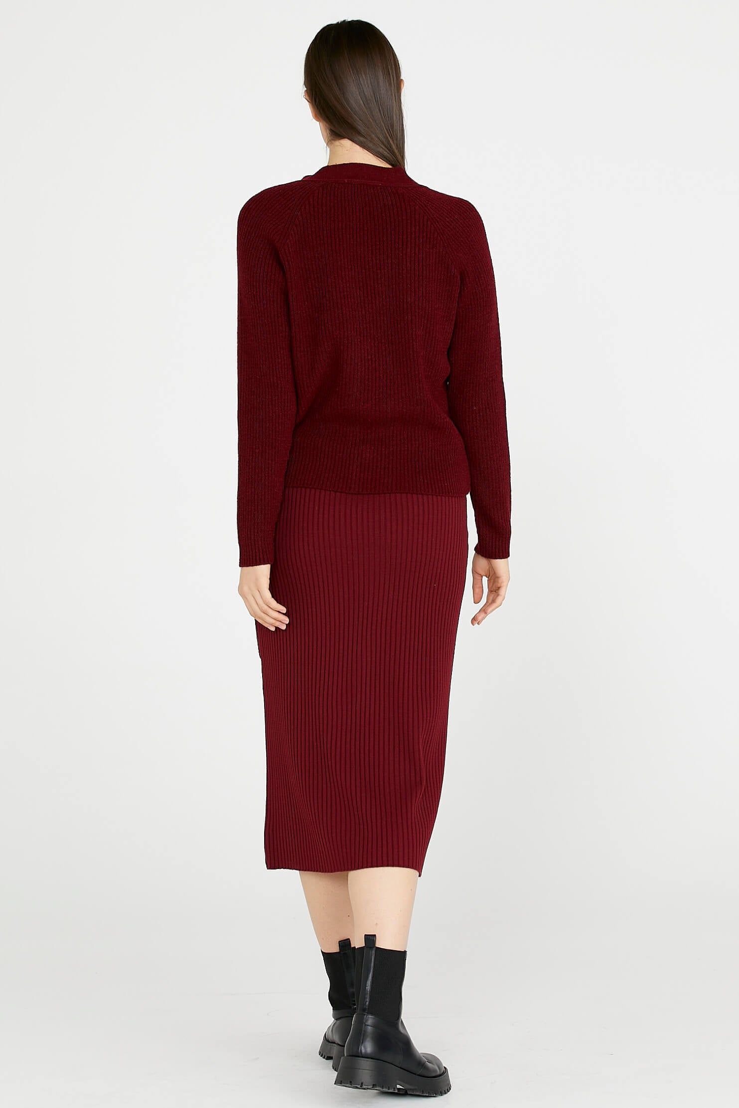 Deri Detaylı Midi Boy Triko Etek - Bordo (4) Sementa