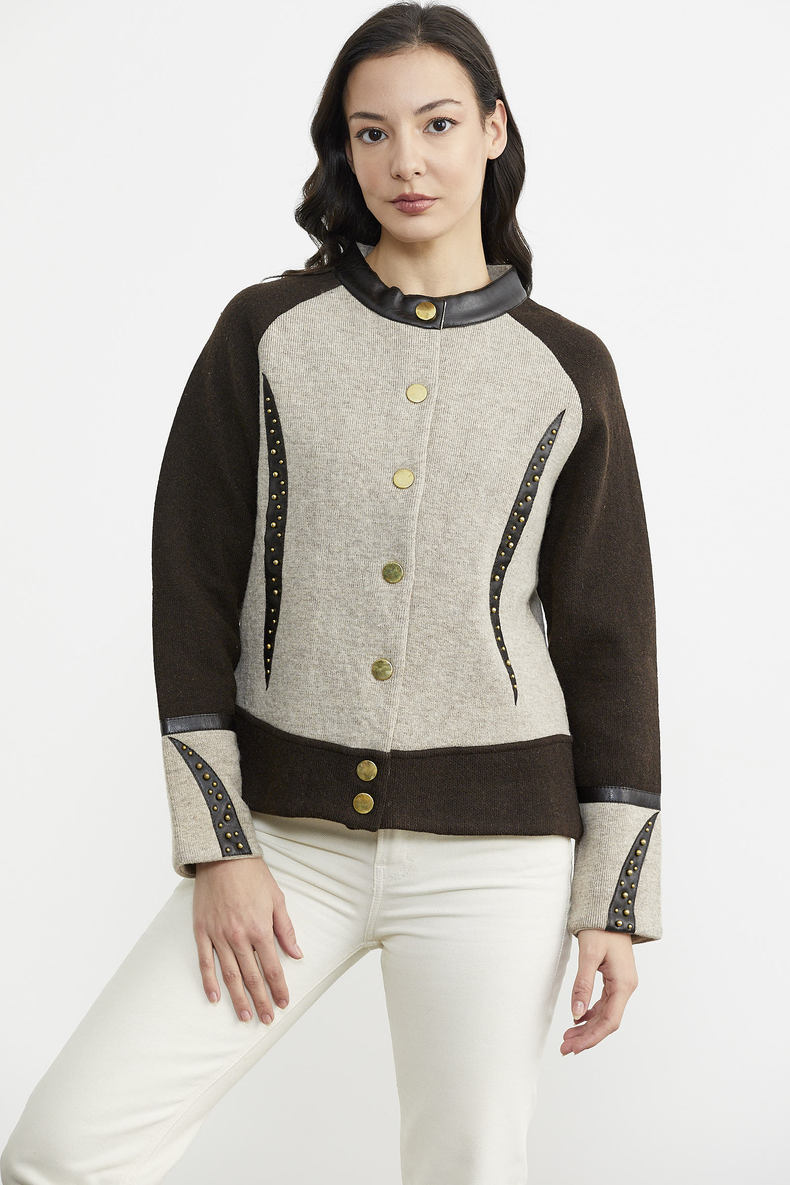 Deri Kombinli Yünlü Triko Ceket - Vizon - Kahverengi (1) Sementa