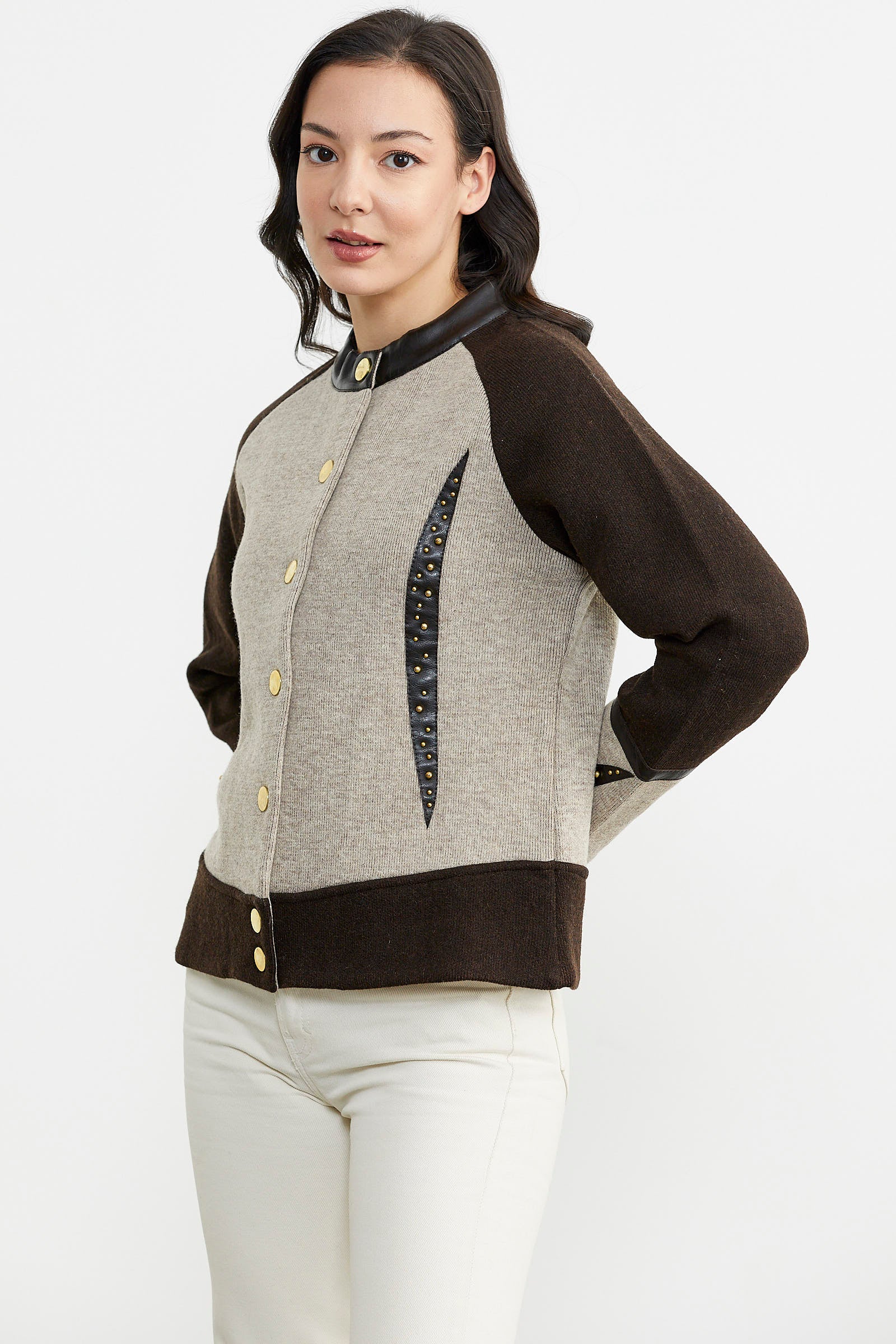 Deri Kombinli Yünlü Triko Ceket - Vizon - Kahverengi (3) Sementa