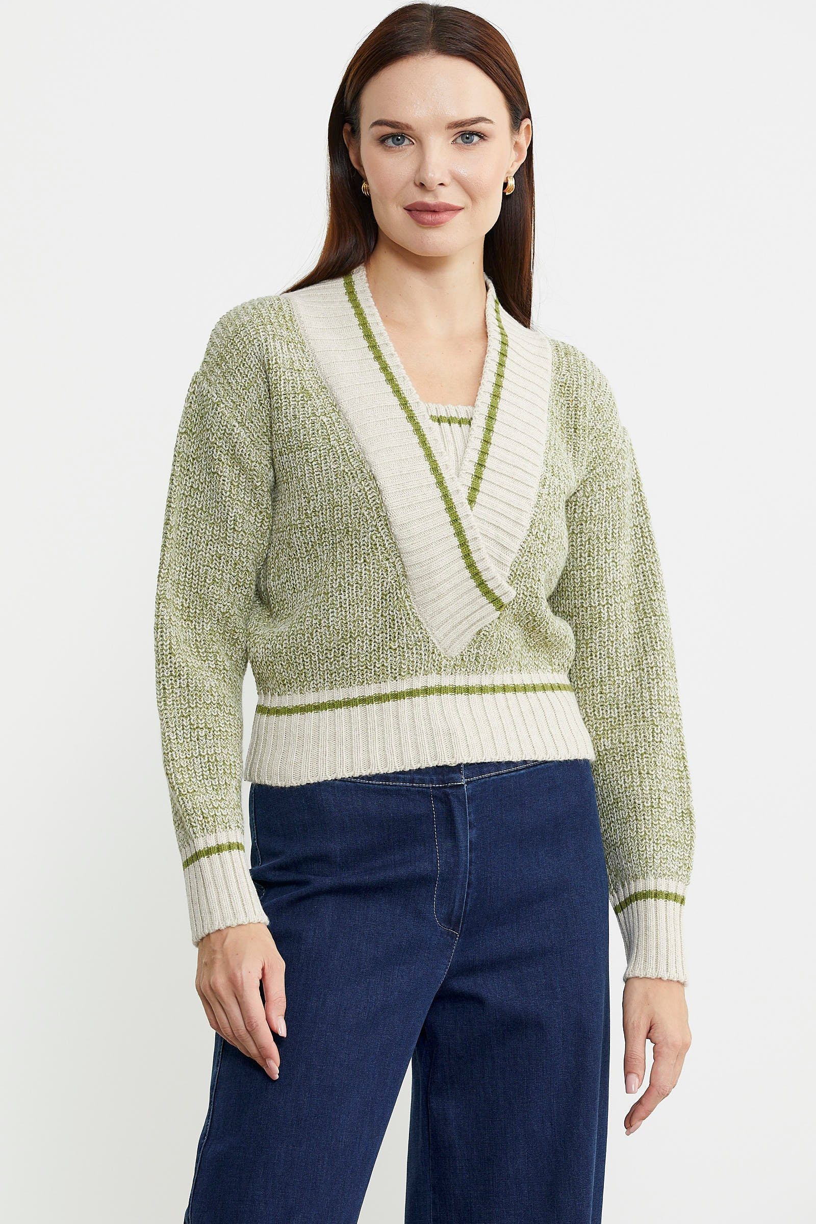 Derin V Bantlı Yünlü Triko Kazak - Bej - Sementa