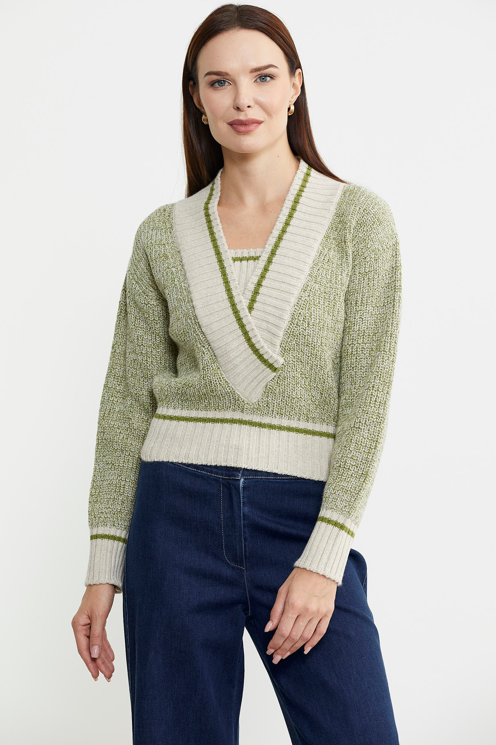 Derin V Bantlı Yünlü Triko Kazak - Bej - Sementa