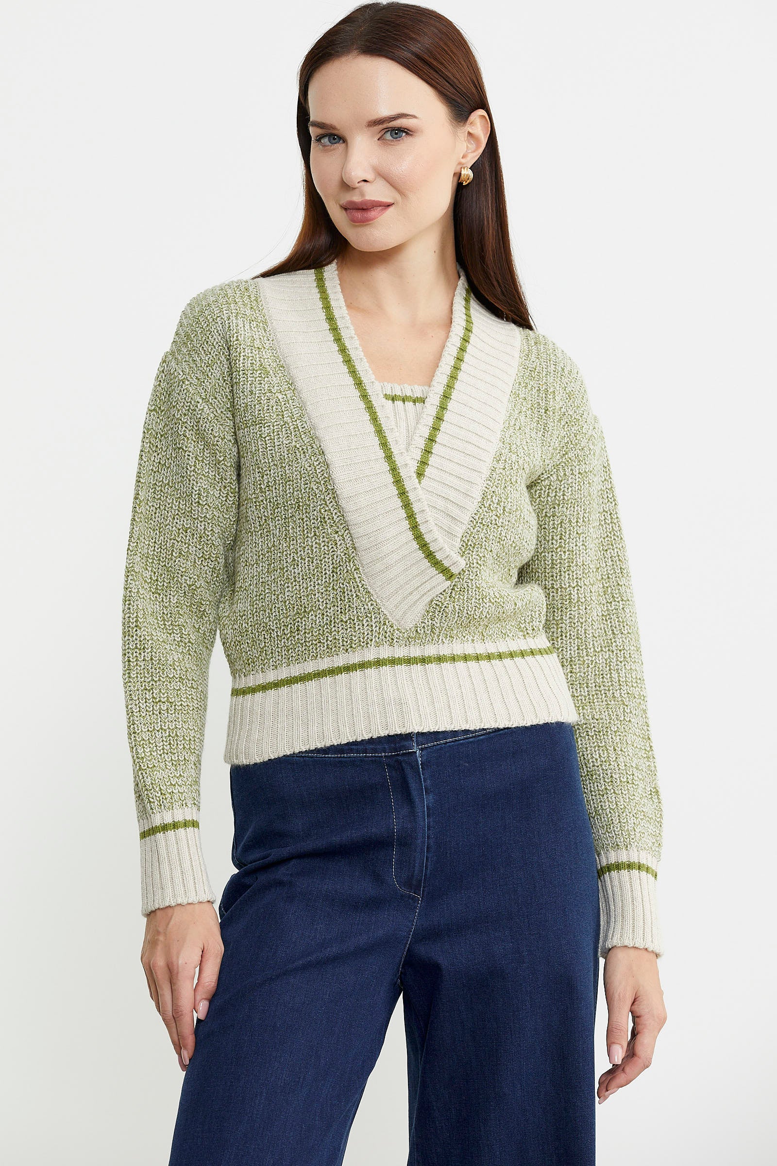 Derin V Bantlı Yünlü Triko Kazak - Bej - Sementa