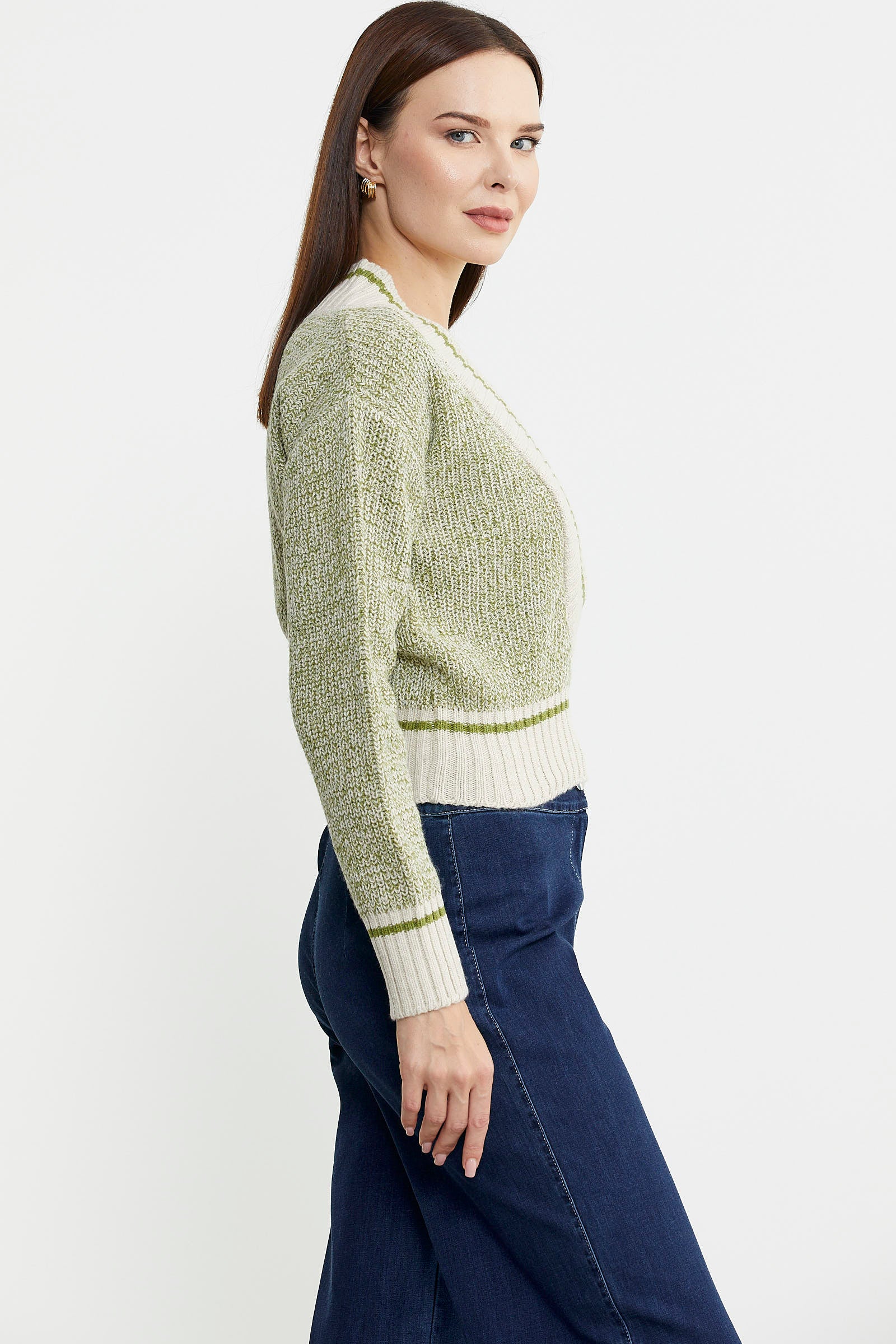 Derin V Bantlı Yünlü Triko Kazak - Bej - Sementa