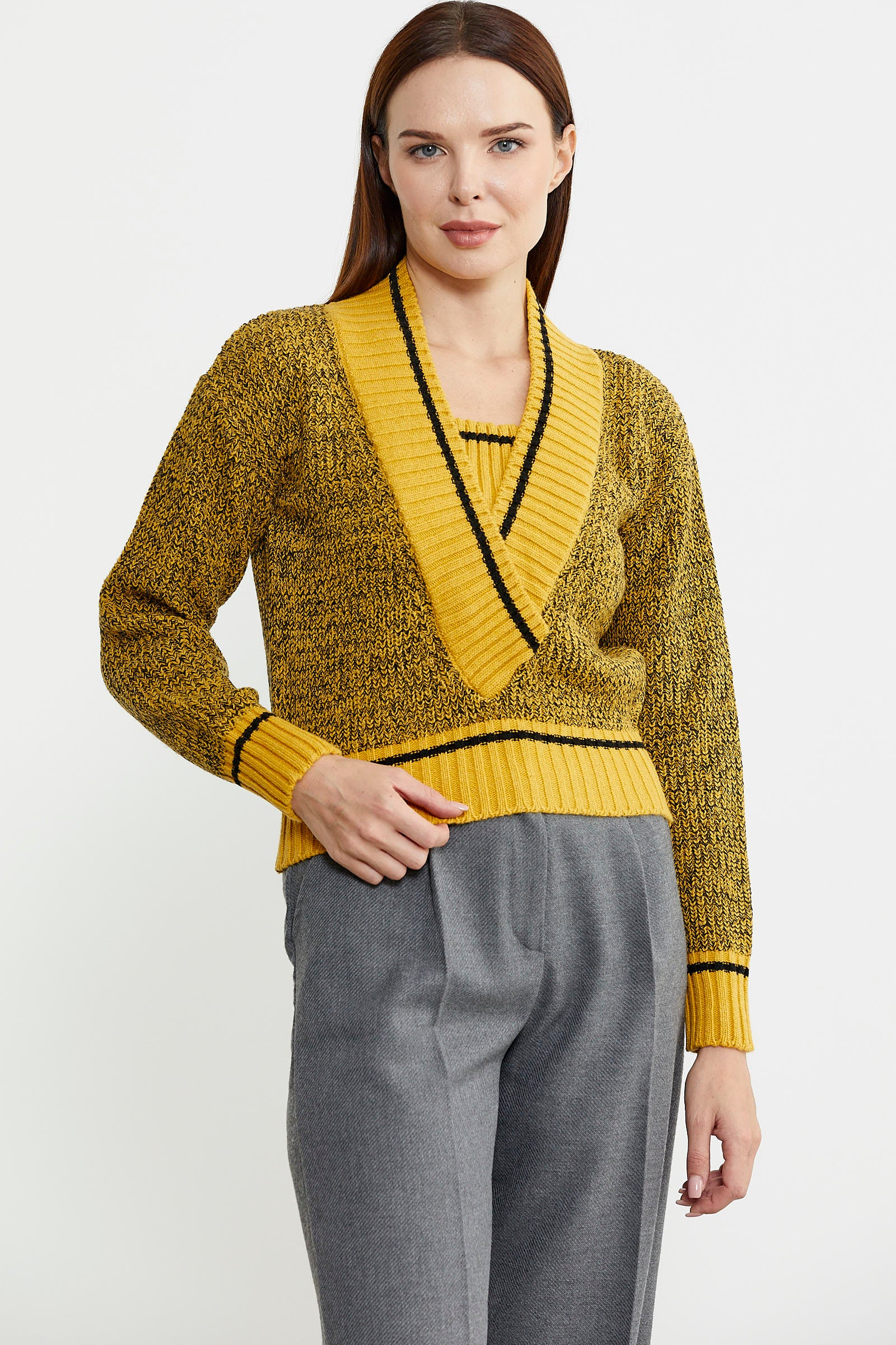 Derin V Bantlı Yünlü Triko Kazak - Güneş - Sementa