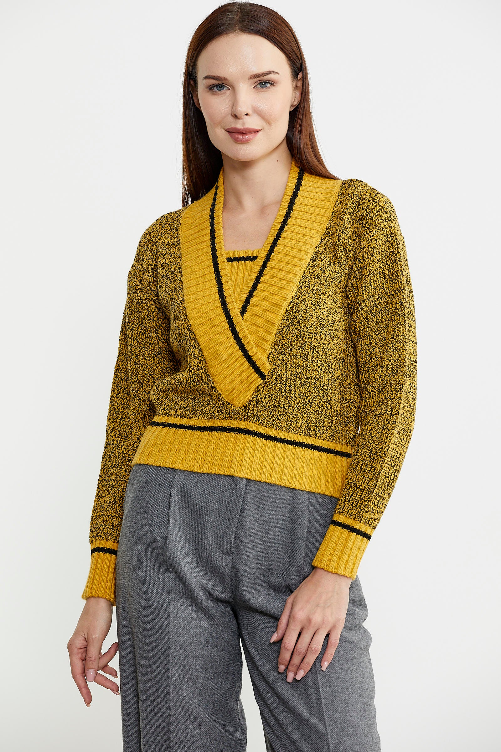 Derin V Bantlı Yünlü Triko Kazak - Güneş - Sementa