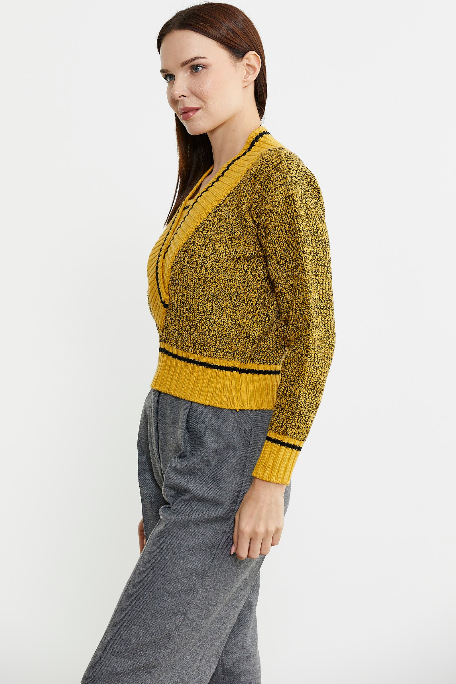 Derin V Bantlı Yünlü Triko Kazak - Güneş - Sementa