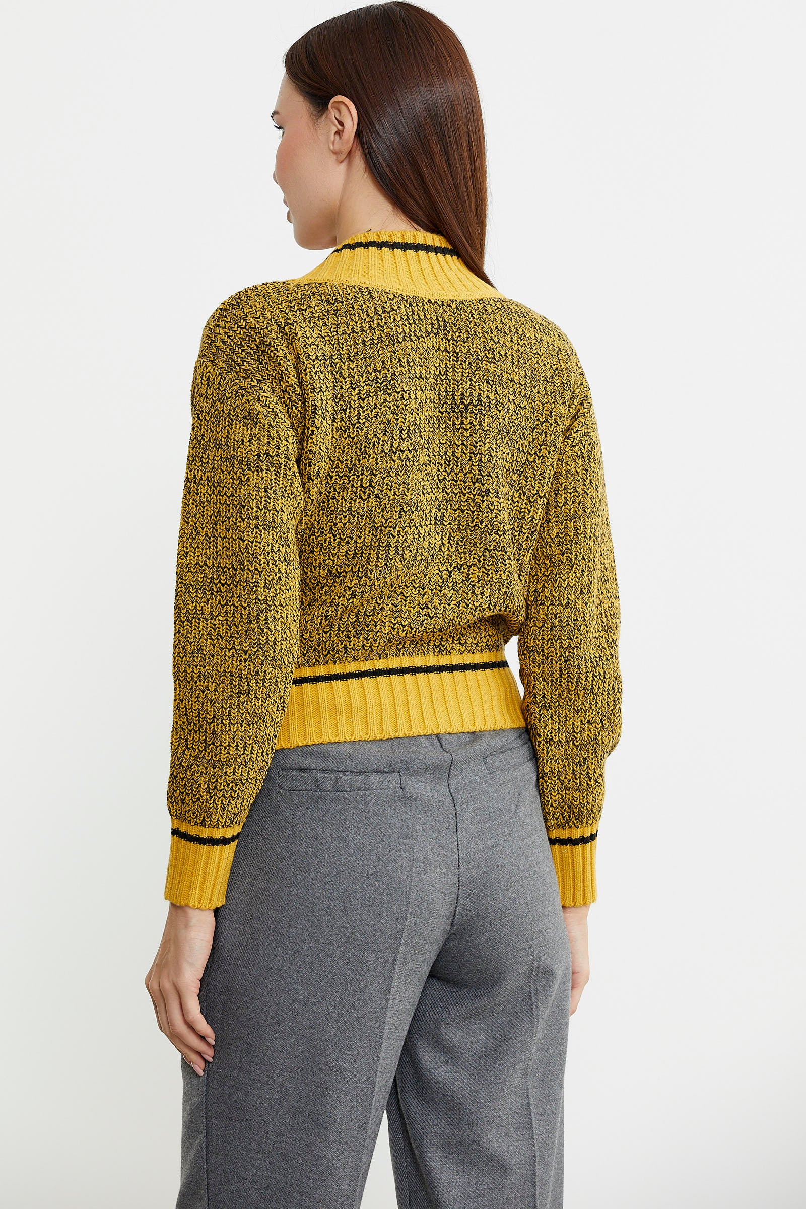 Derin V Bantlı Yünlü Triko Kazak - Güneş - Sementa