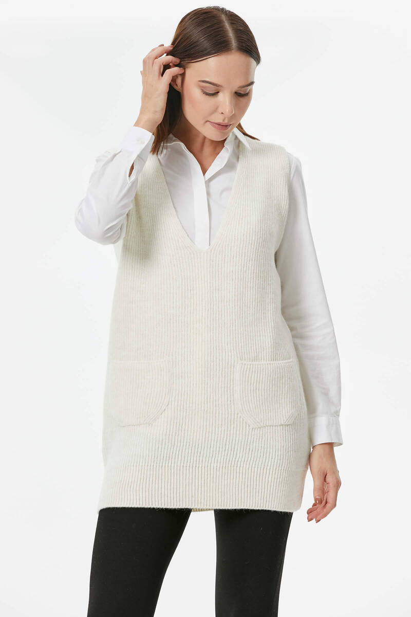 Derin V Yaka Cepli Uzun Triko Süveter - Kemik (3) Sementa