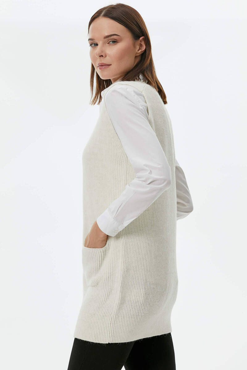 Derin V Yaka Cepli Uzun Triko Süveter - Kemik (4) Sementa
