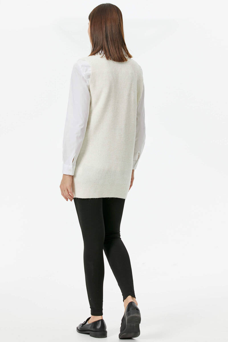 Derin V Yaka Cepli Uzun Triko Süveter - Kemik (5) Sementa