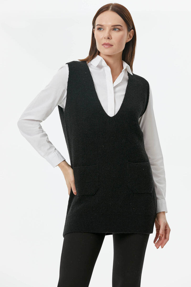 Derin V Yaka Cepli Uzun Triko Süveter - Siyah (3) Sementa