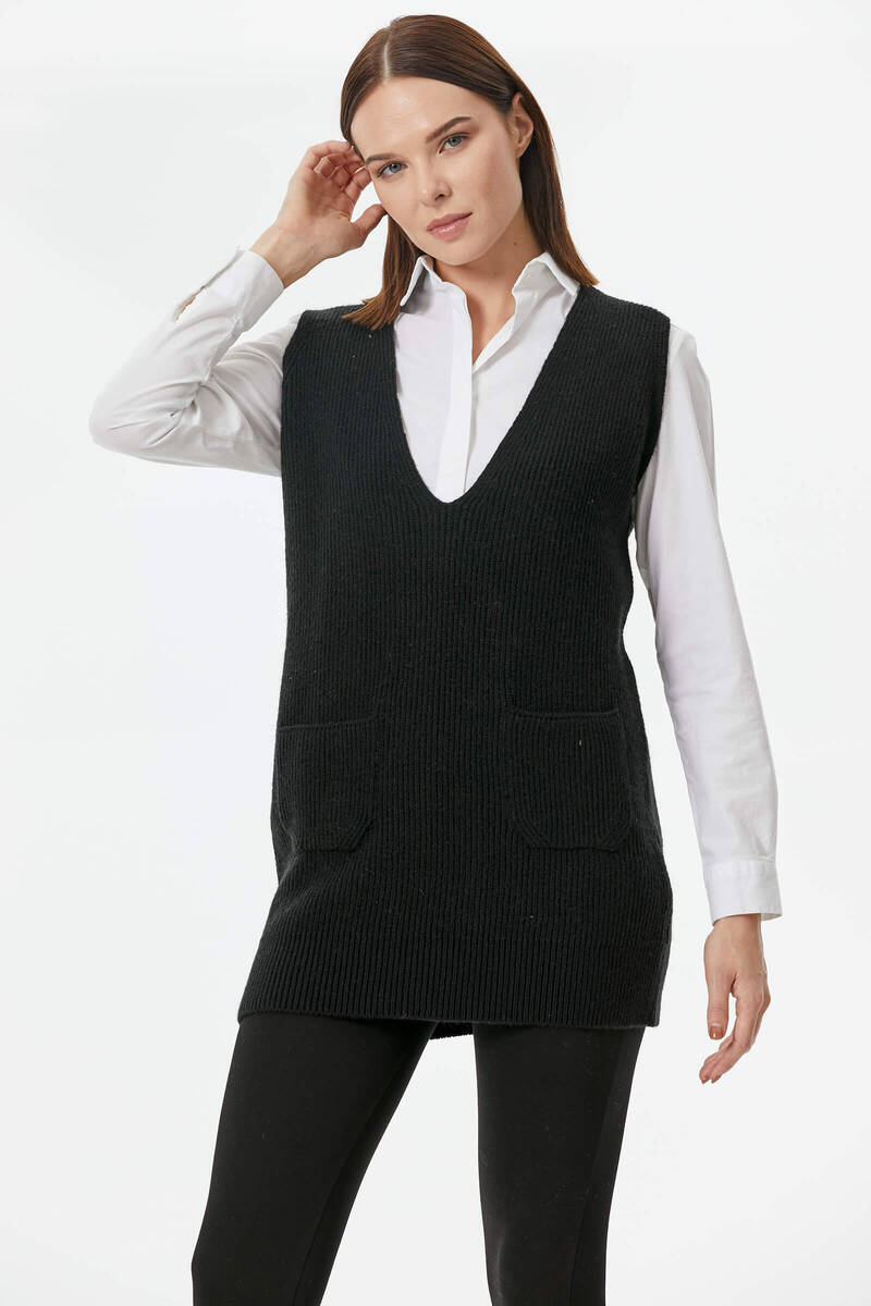 Derin V Yaka Cepli Uzun Triko Süveter - Siyah (4) Sementa