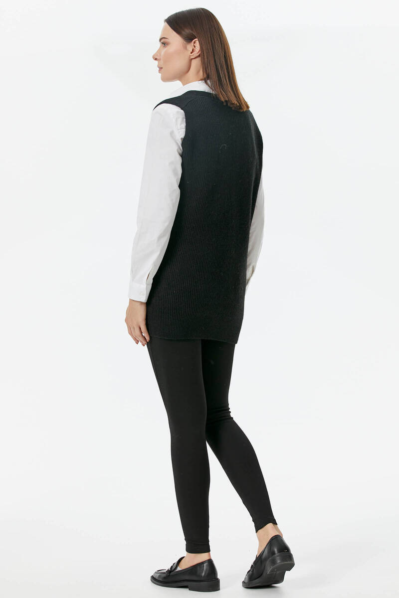 Derin V Yaka Cepli Uzun Triko Süveter - Siyah (5) Sementa