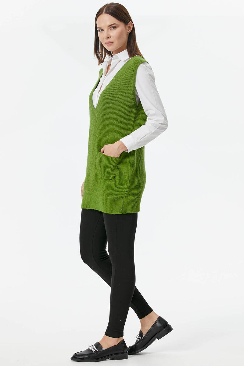 Derin V Yaka Cepli Uzun Triko Süveter - Yeşil (4) Sementa
