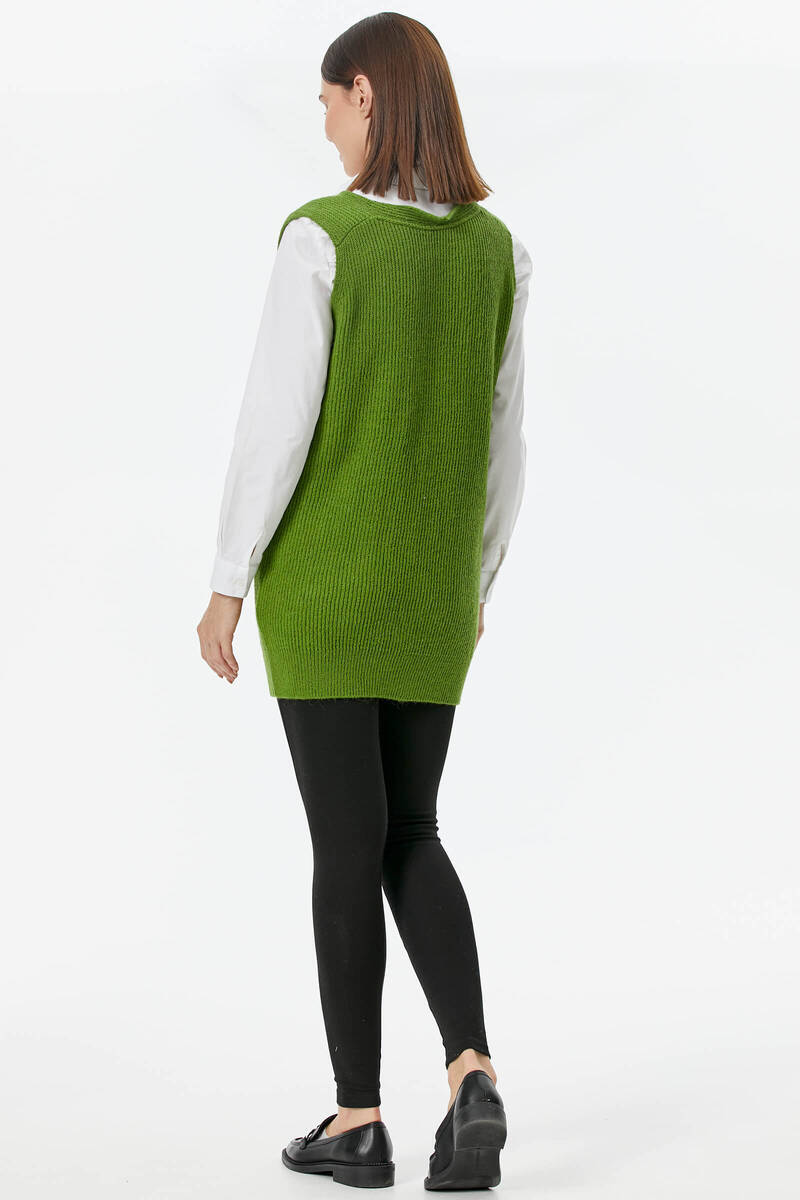 Derin V Yaka Cepli Uzun Triko Süveter - Yeşil (5) Sementa