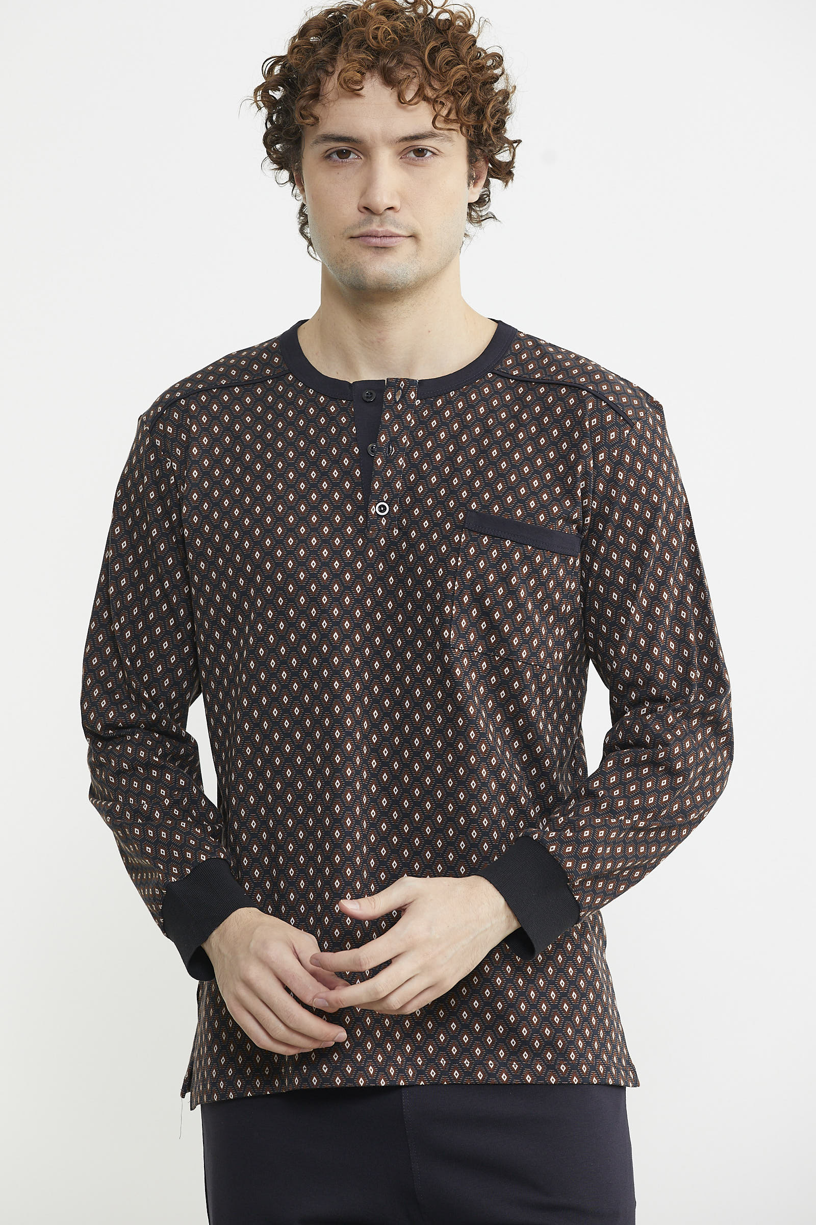 Desen Kombinli Cepli Pijama Takım - Kahve - Sementa