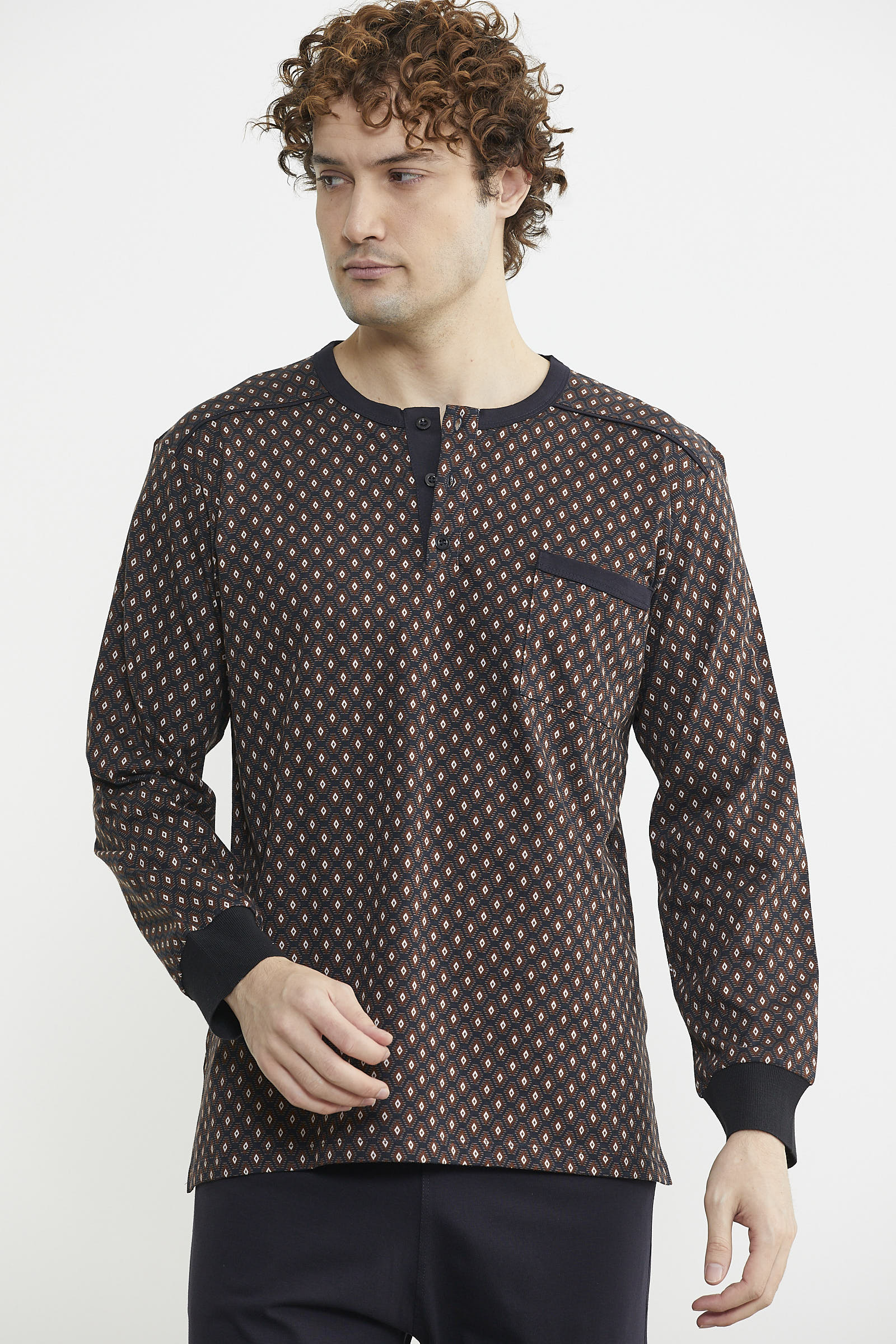 Desen Kombinli Cepli Pijama Takım - Kahve - Sementa