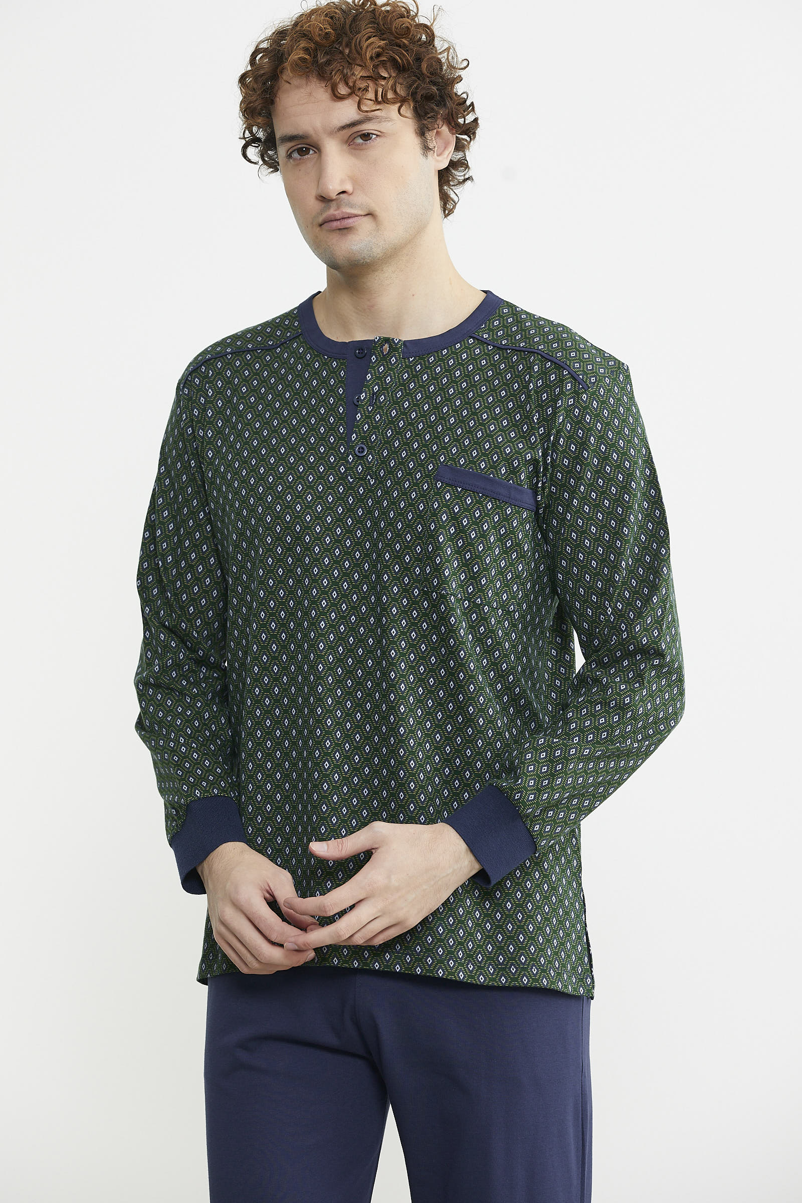 Desen Kombinli Cepli Pijama Takım - Yeşil - Sementa