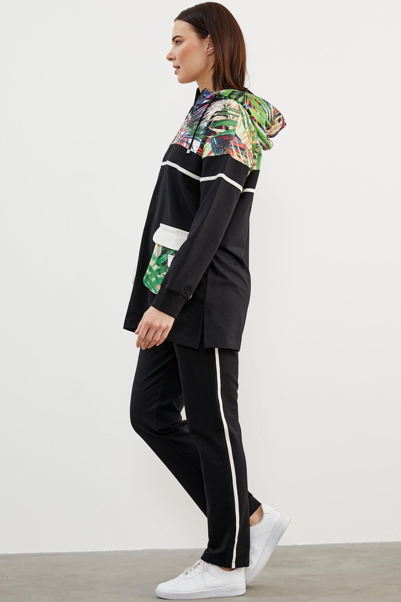 Desen Kombinli Fermuarlı Eşofman Takım - Siyah (5) Sementa