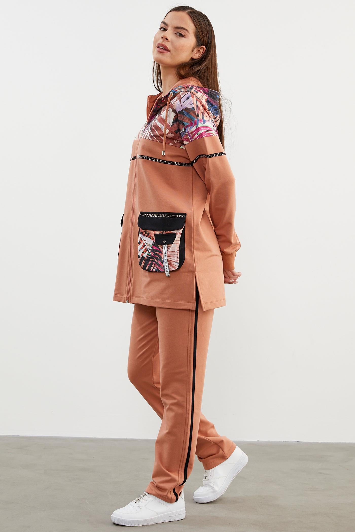 Desen Kombinli Fermuarlı Eşofman Takım - Somon (5) Sementa