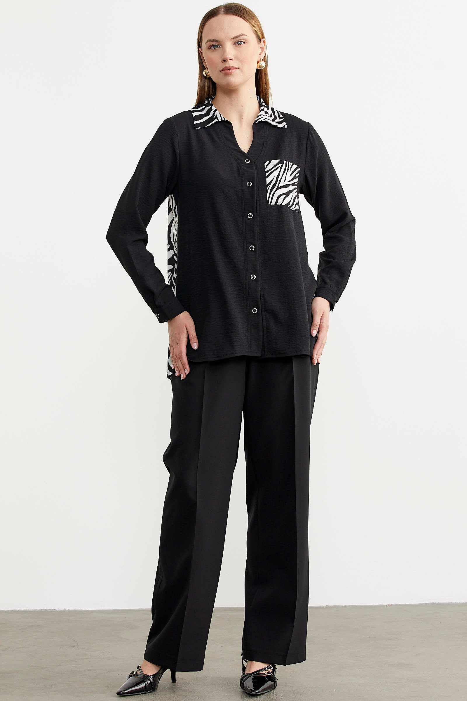 Desen Kombinli Krep Gömlek - Siyah (3) Sementa