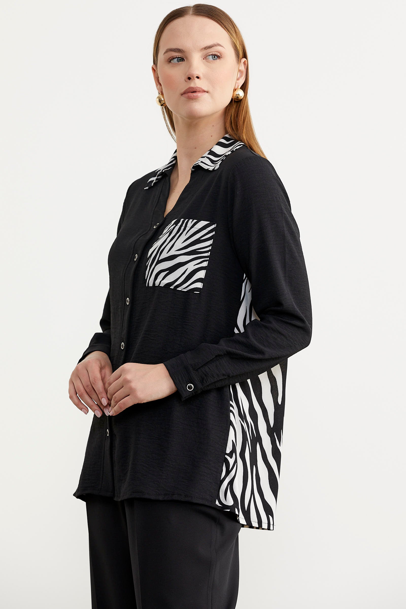 Desen Kombinli Krep Gömlek - Siyah (4) Sementa