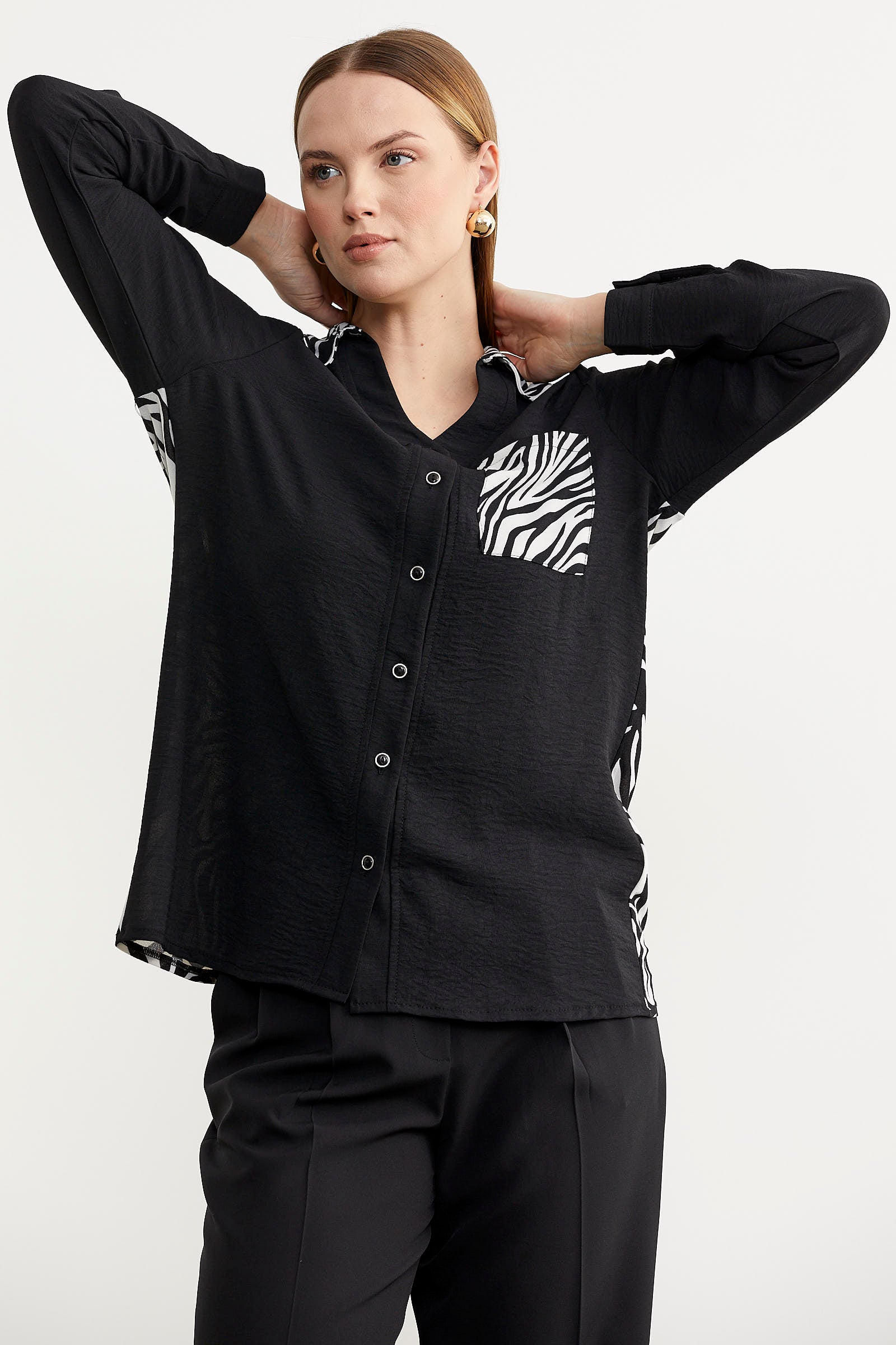 Desen Kombinli Krep Gömlek - Siyah (5) Sementa