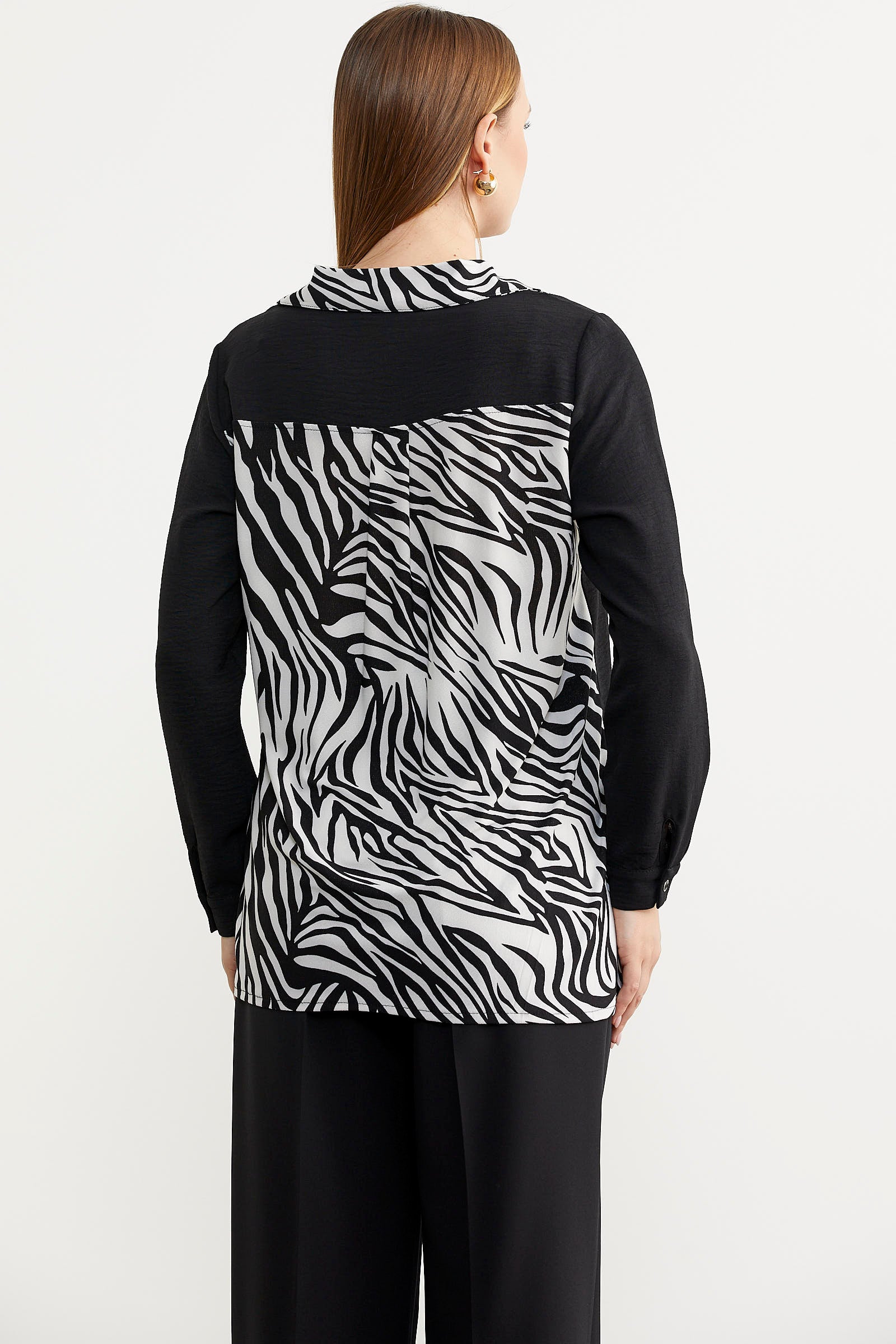 Desen Kombinli Krep Gömlek - Siyah (6) Sementa