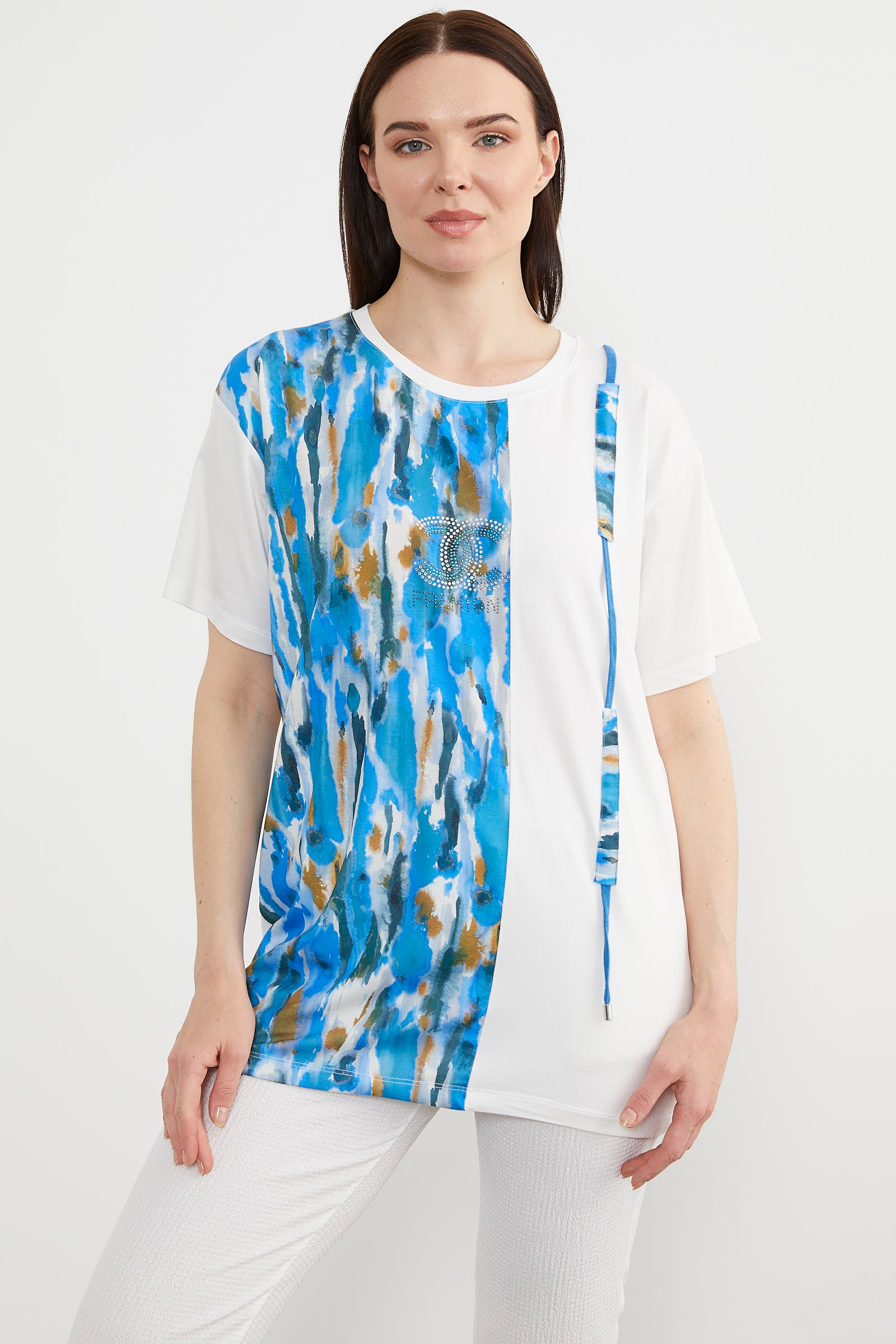 Desen Parçalı Taş Detaylı Bluz - Ekru (1) Sementa