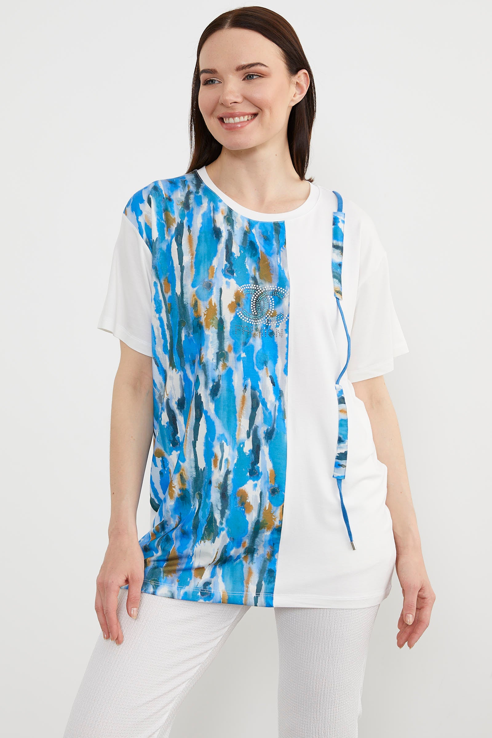 Desen Parçalı Taş Detaylı Bluz - Ekru (2) Sementa