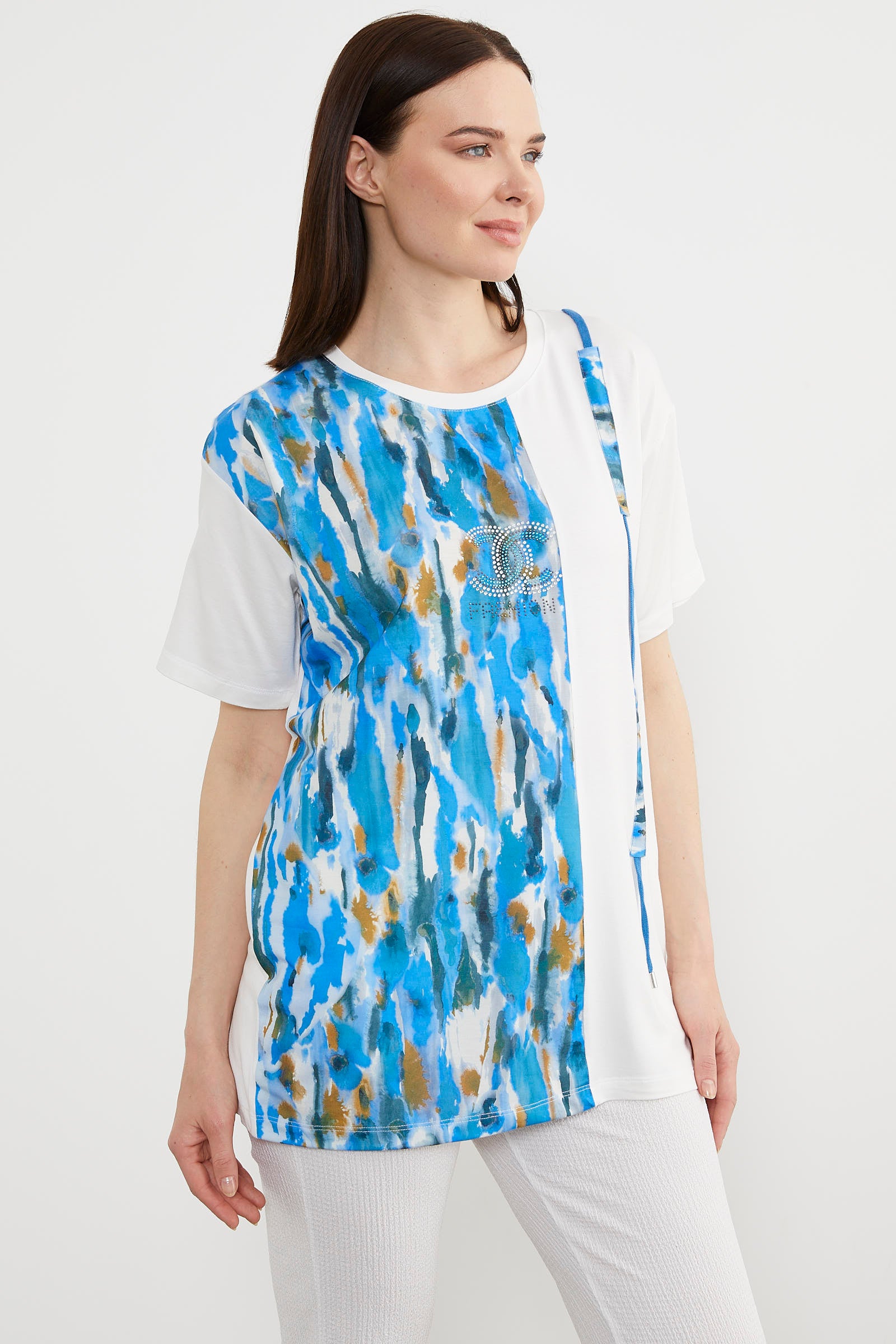 Desen Parçalı Taş Detaylı Bluz - Ekru (3) Sementa