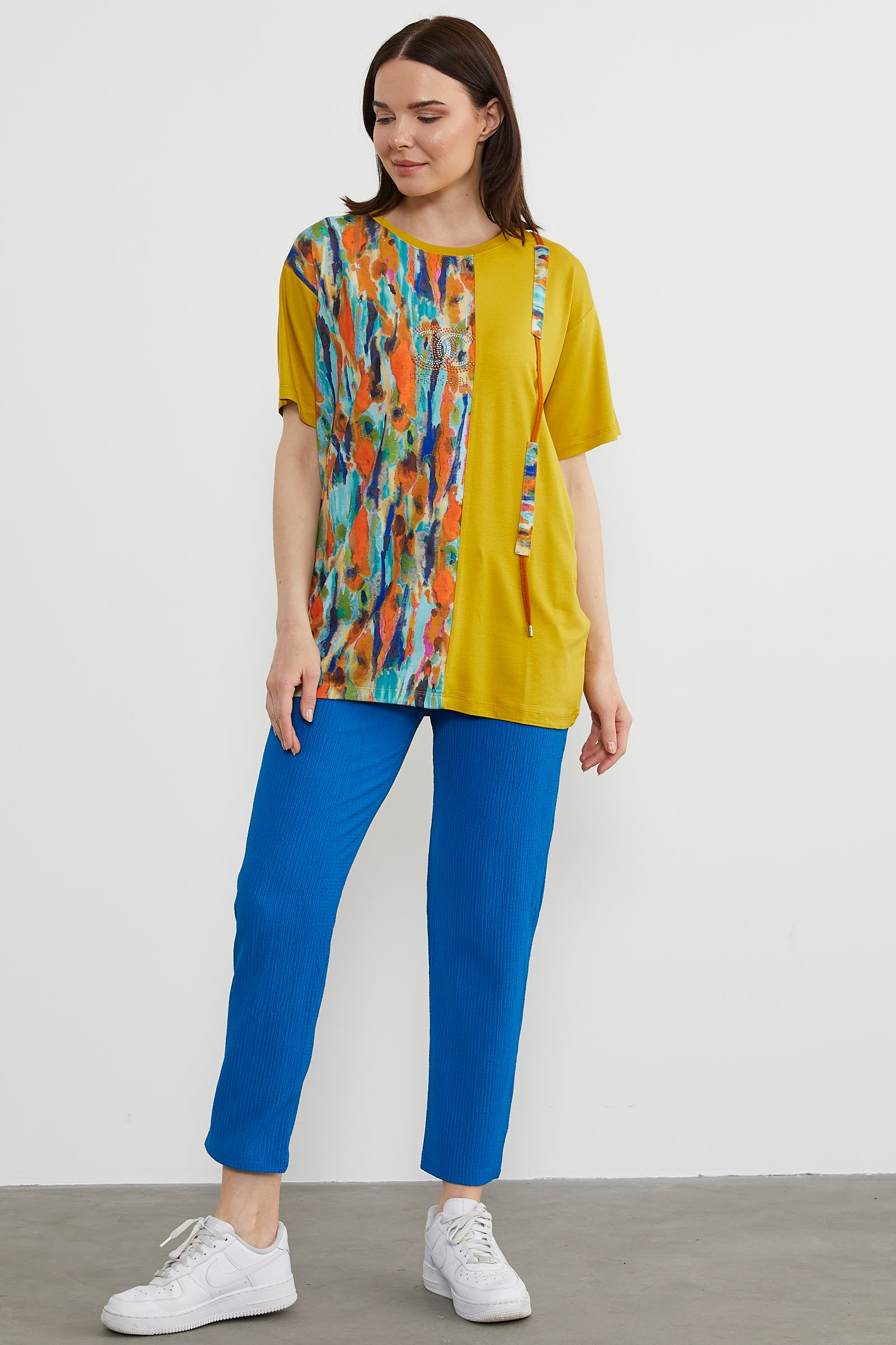 Desen Parçalı Taş Detaylı Bluz - Hardal (2) Sementa