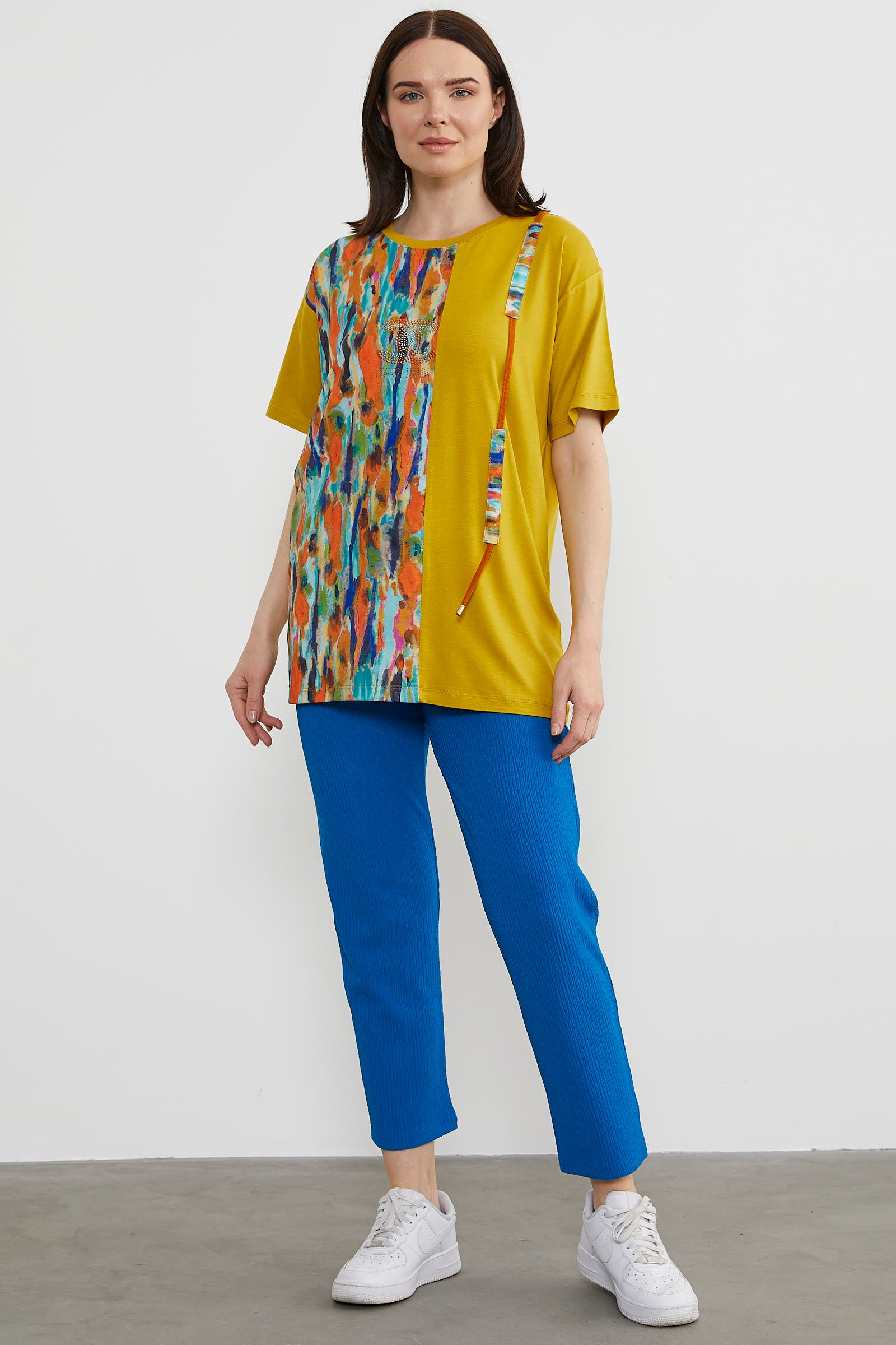 Desen Parçalı Taş Detaylı Bluz - Hardal (3) Sementa