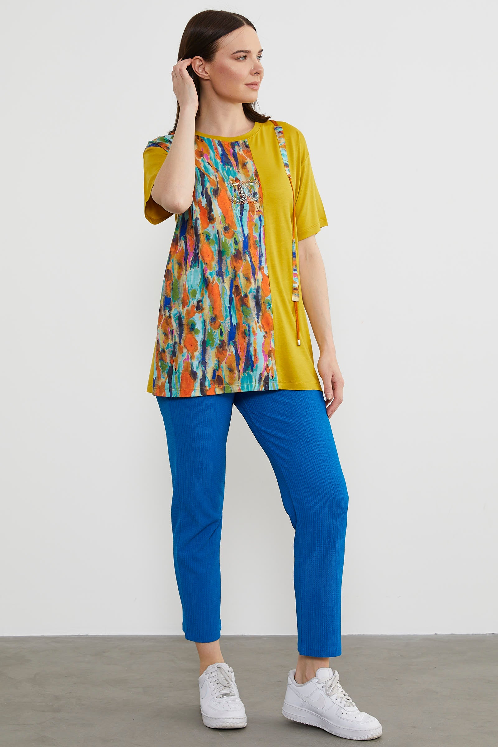 Desen Parçalı Taş Detaylı Bluz - Hardal (4) Sementa