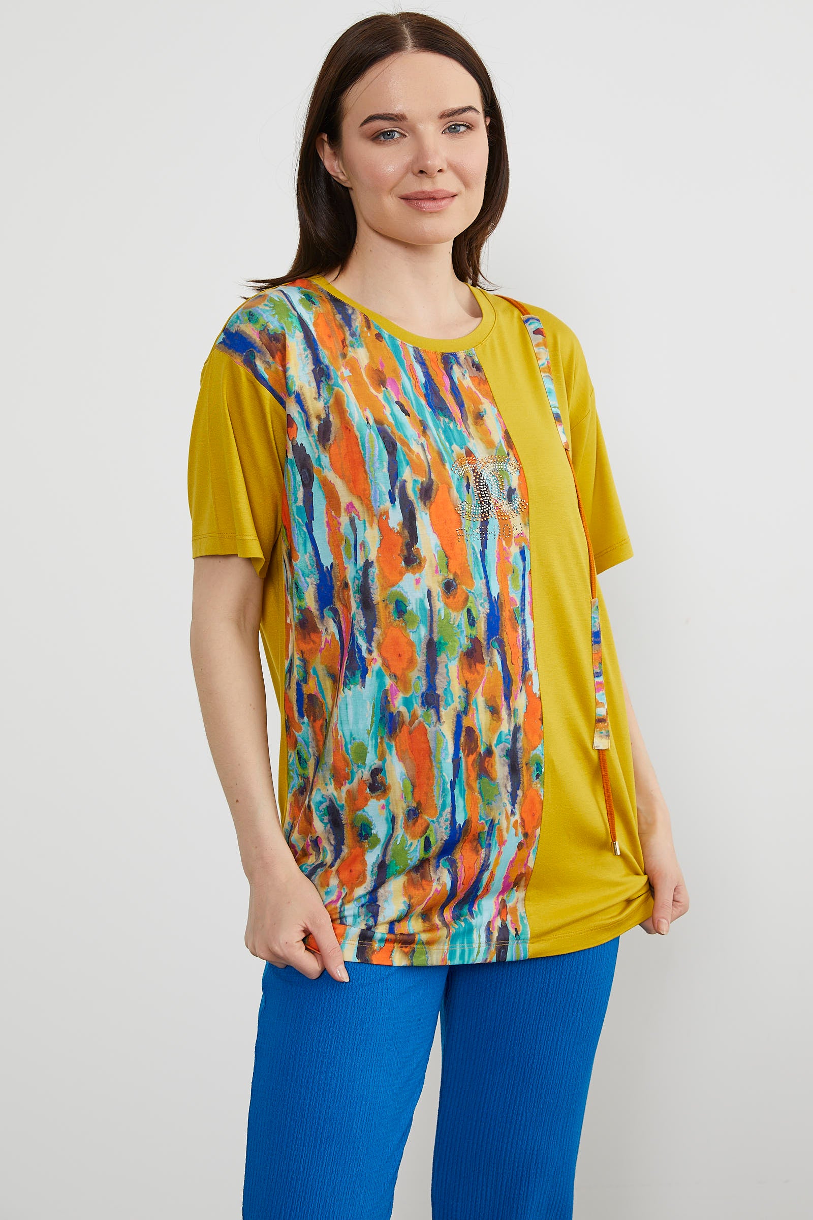 Desen Parçalı Taş Detaylı Bluz - Hardal (5) Sementa