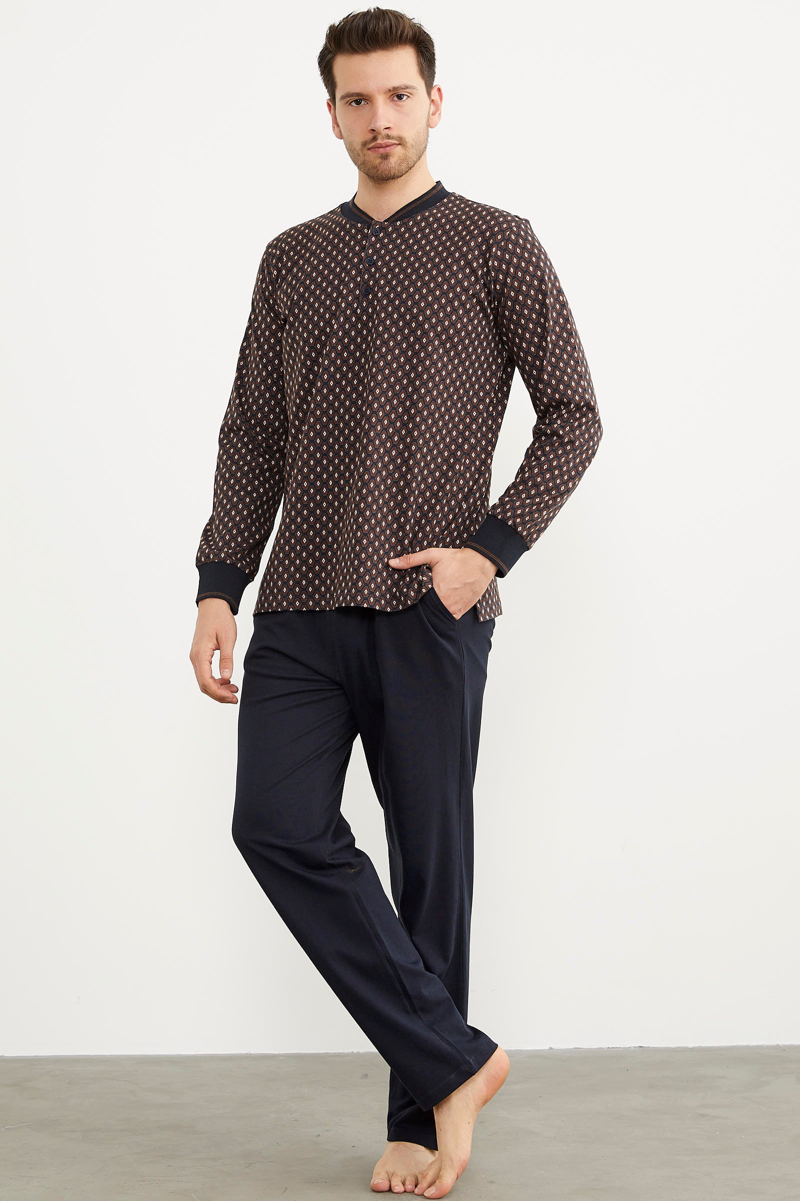 Desenli Cep Detaylı Pijama Takım - Lacivert (3) Sementa