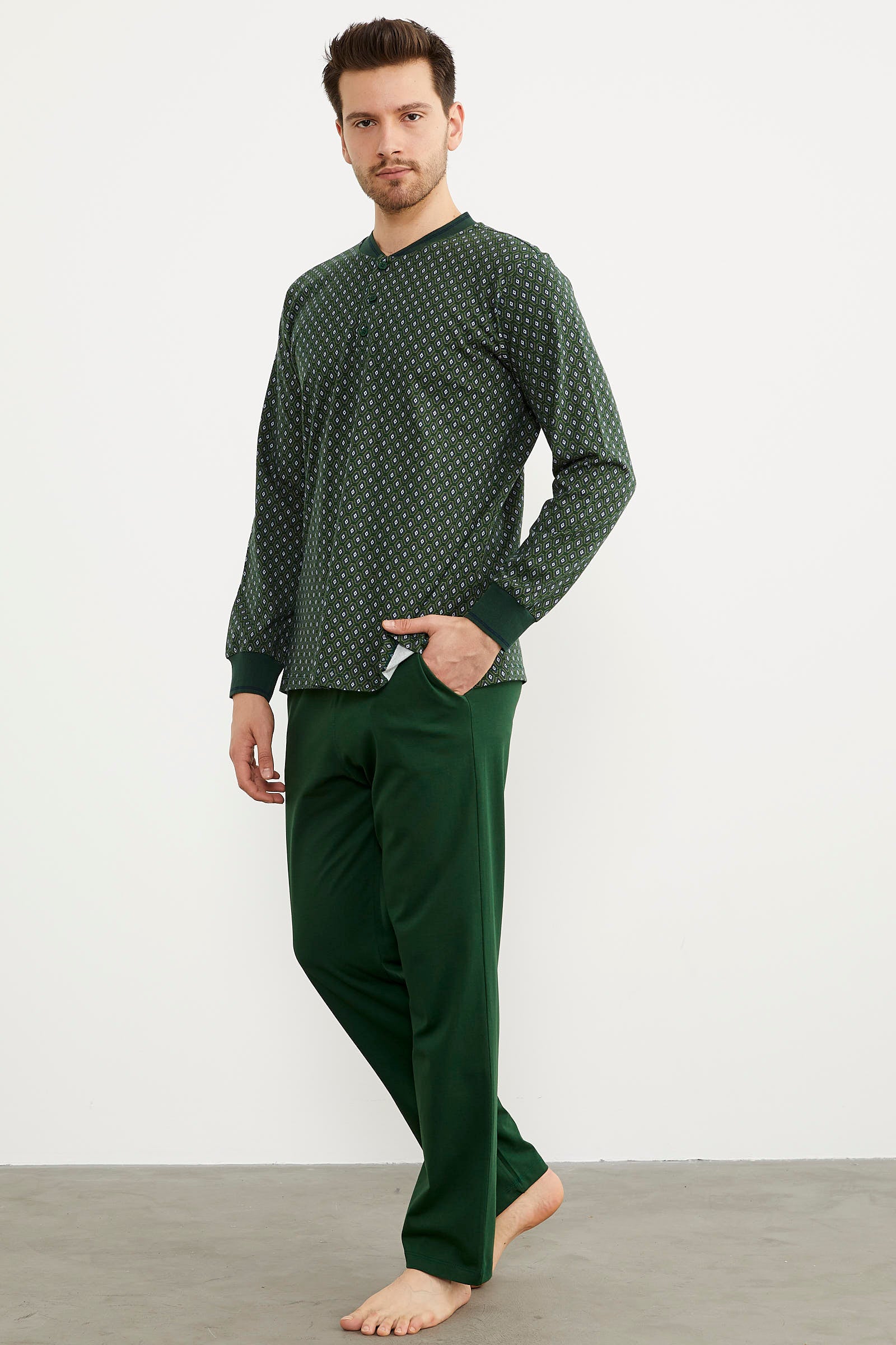 Desenli Cep Detaylı Pijama Takım - Yeşil (2) Sementa