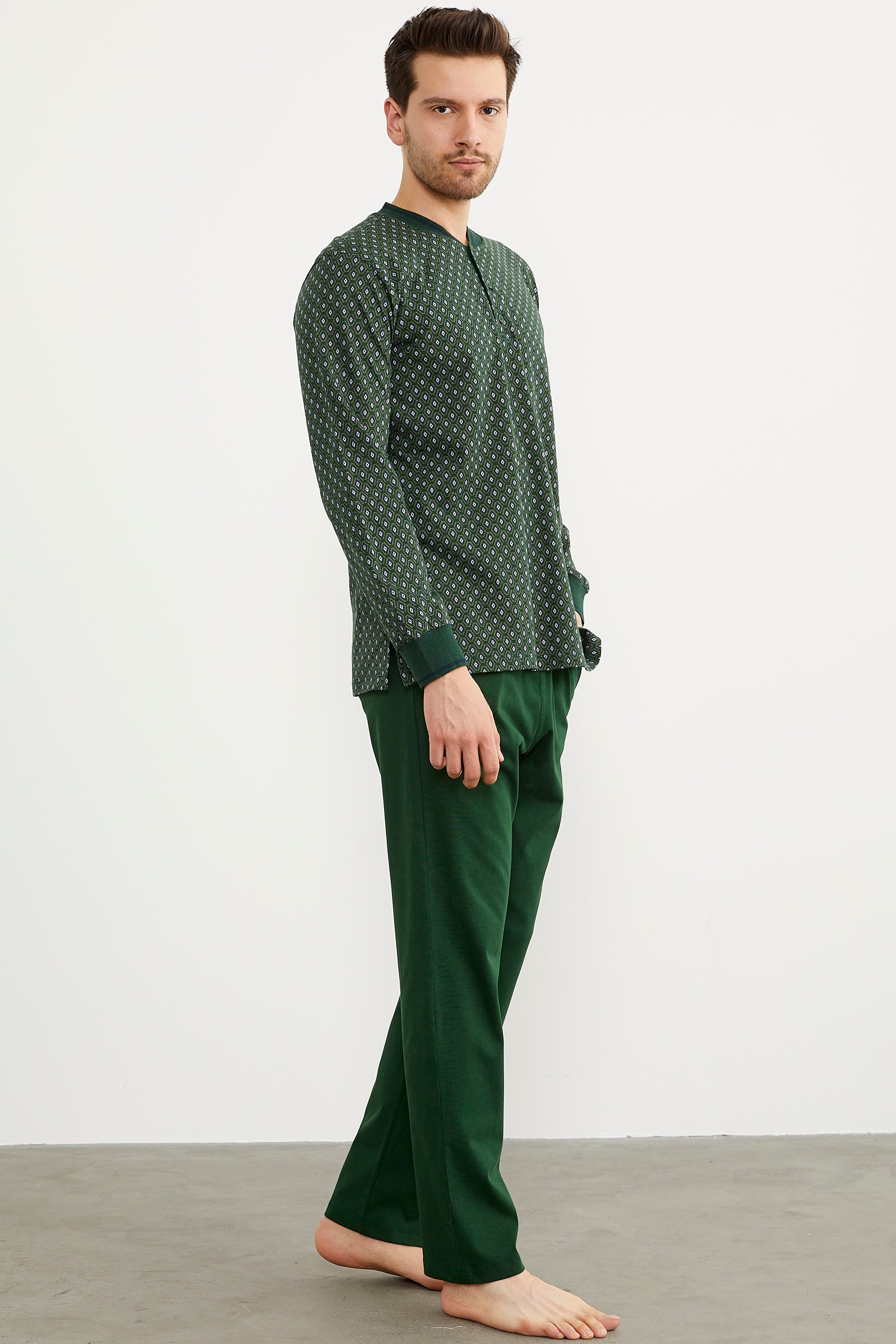 Desenli Cep Detaylı Pijama Takım - Yeşil (4) Sementa