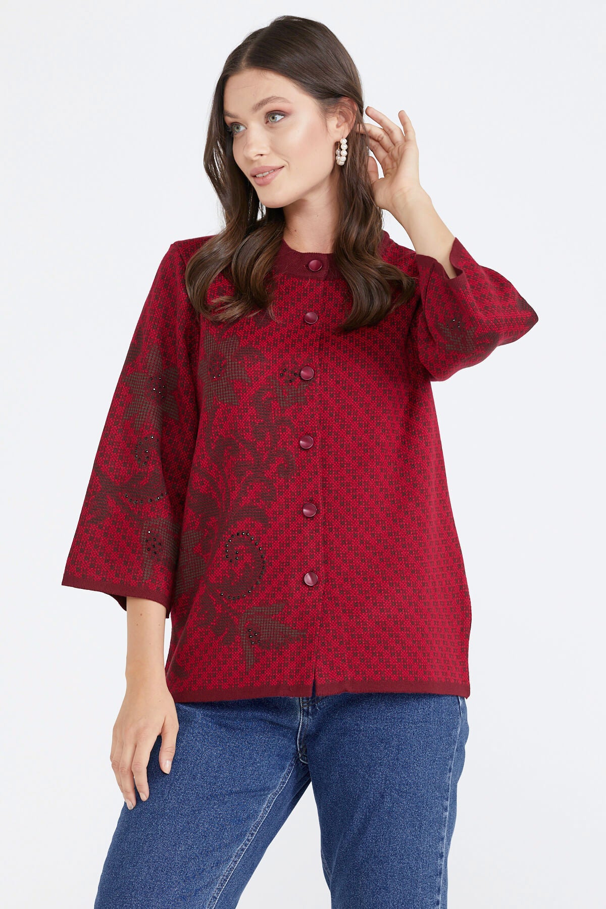 Desenli Düğmeli Kadın Triko Ceket - Bordo (2) Sementa