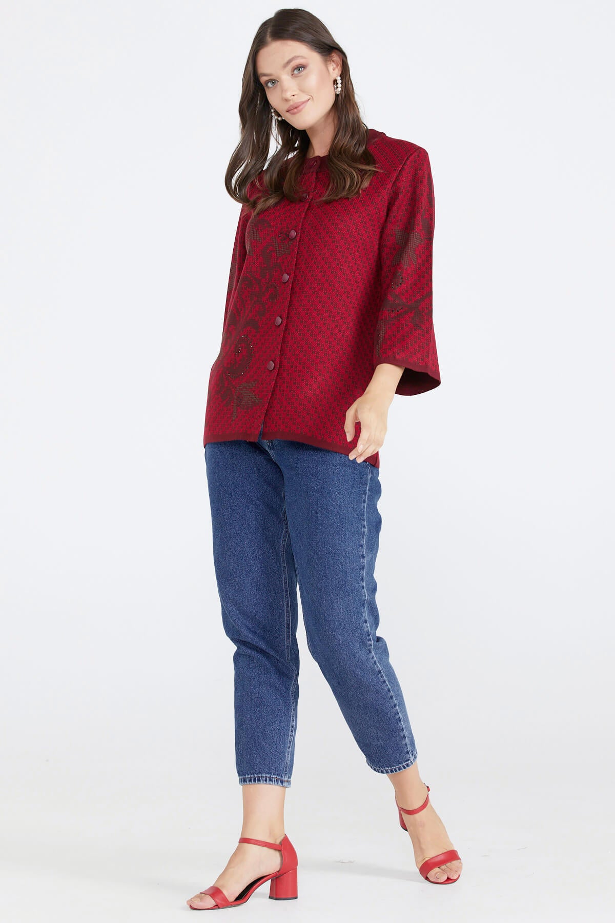 Desenli Düğmeli Kadın Triko Ceket - Bordo (3) Sementa
