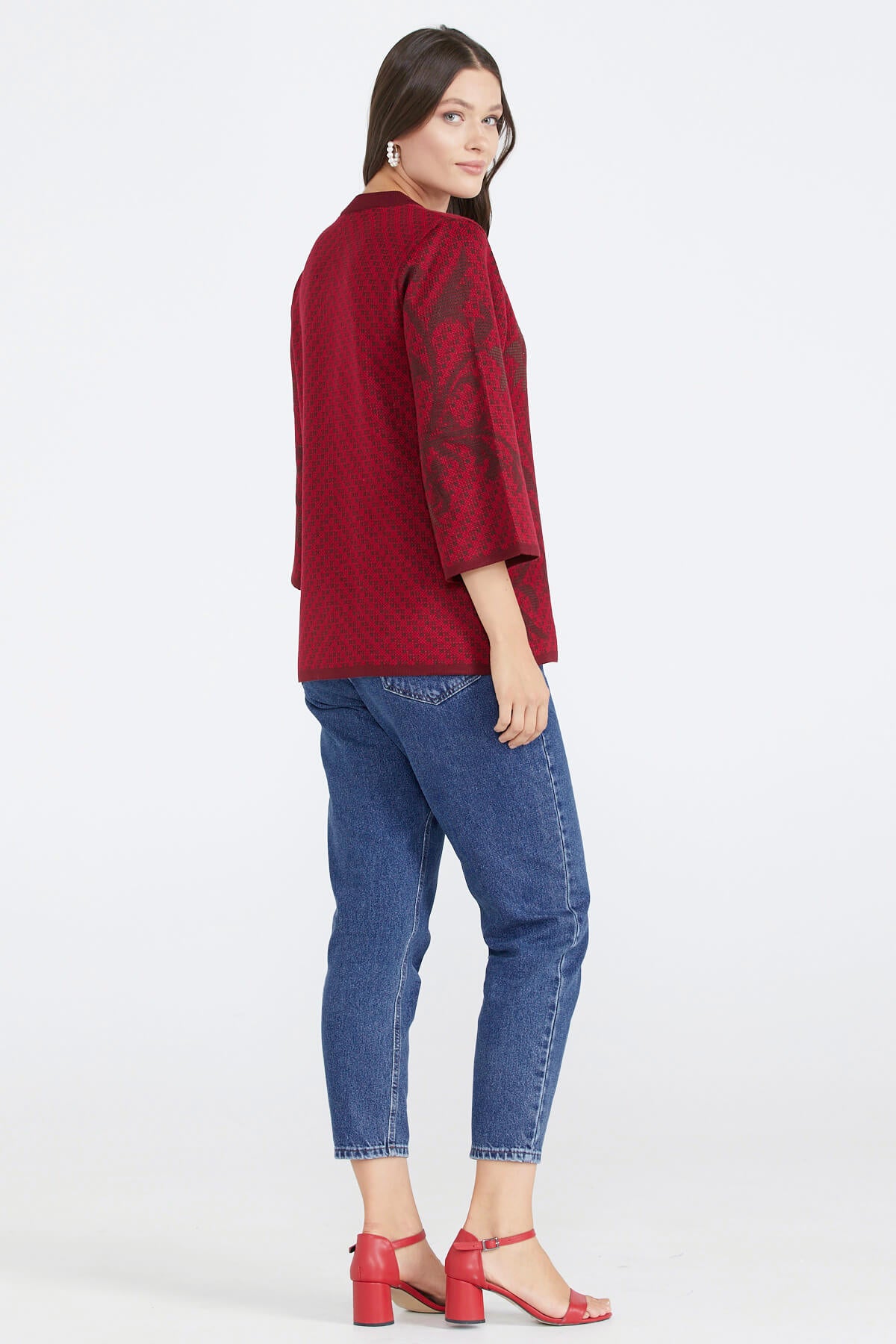 Desenli Düğmeli Kadın Triko Ceket - Bordo (4) Sementa