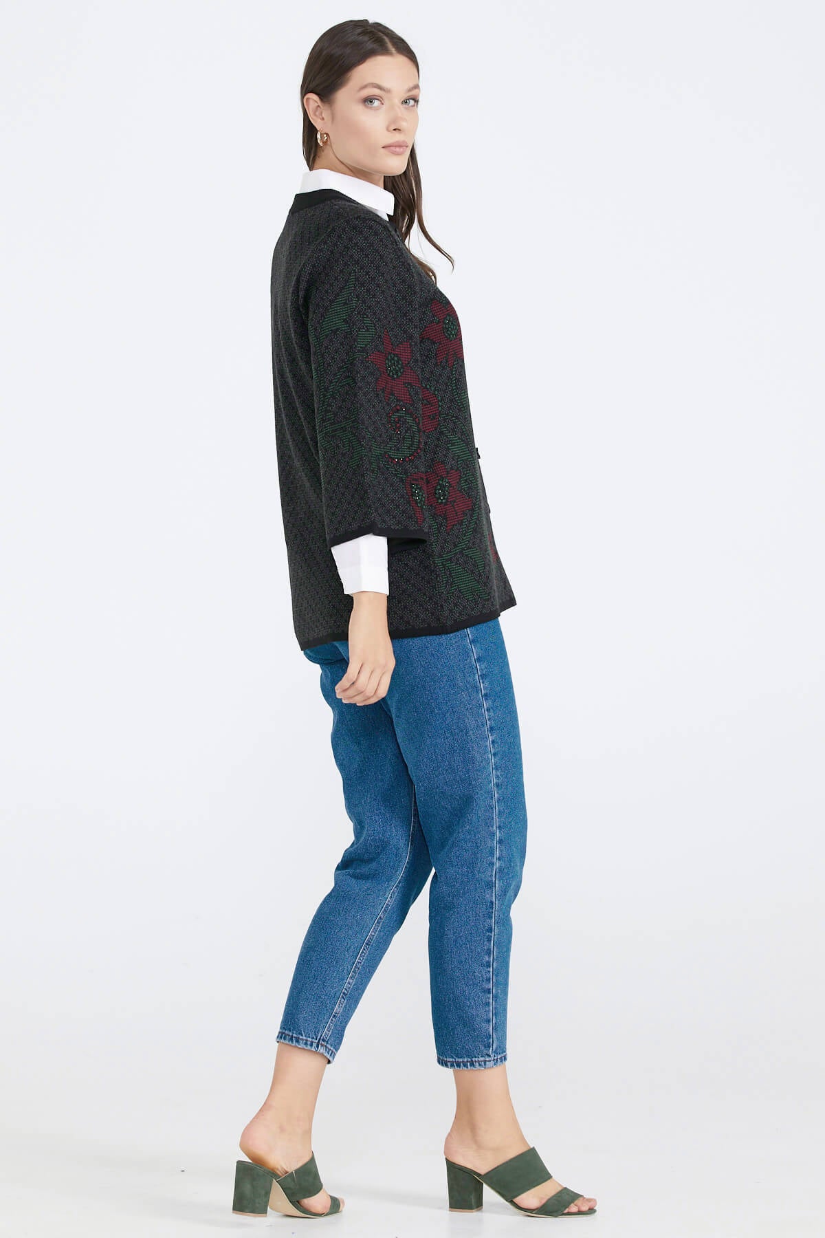 Desenli Düğmeli Kadın Triko Ceket - Siyah (3) Sementa