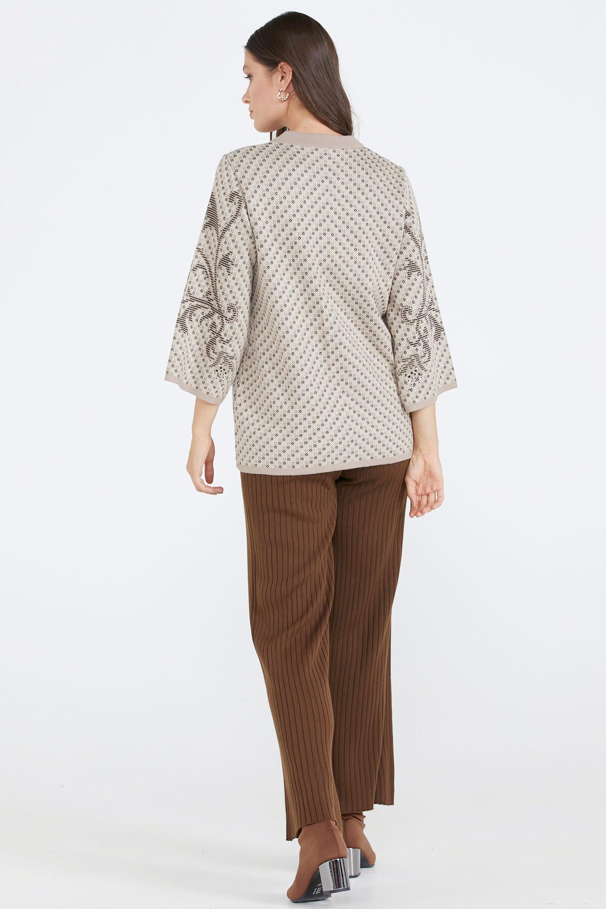 Desenli Düğmeli Kadın Triko Ceket - Vizon (3) Sementa