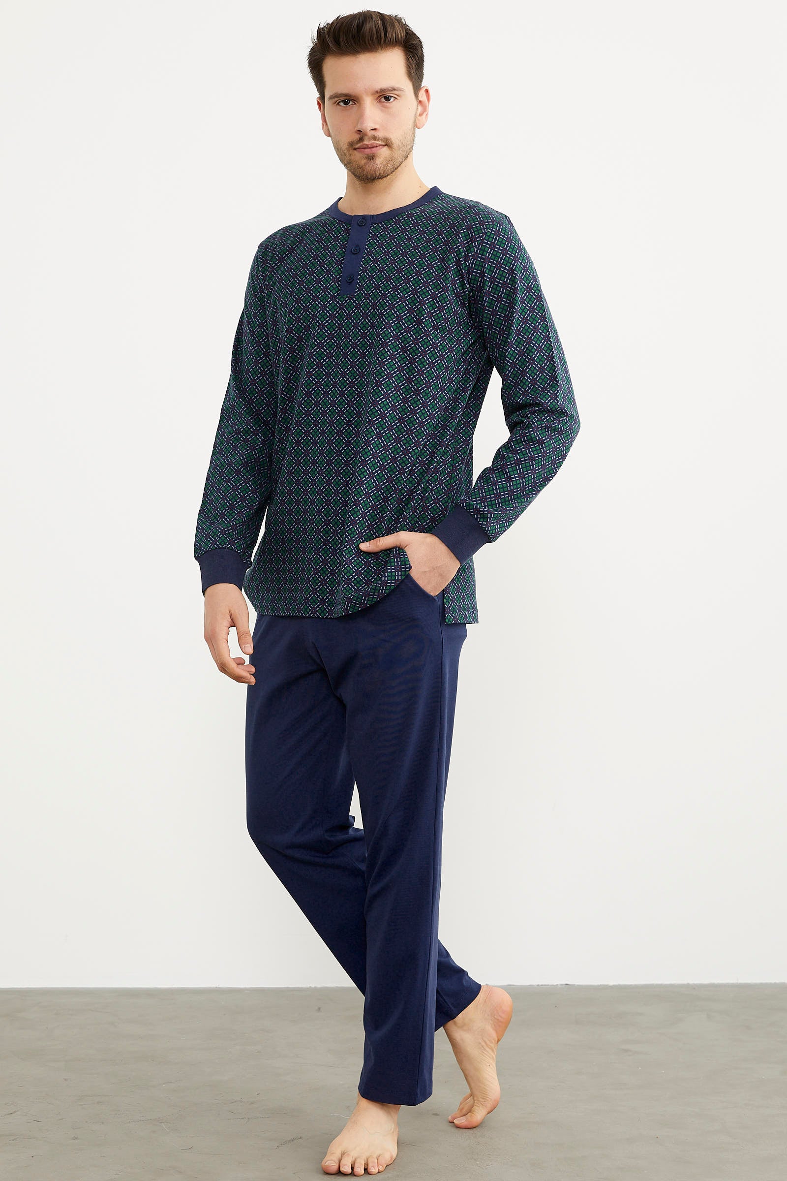 Desenli Düğmeli Yaka Pijama Takım - Lacivert (2) Sementa