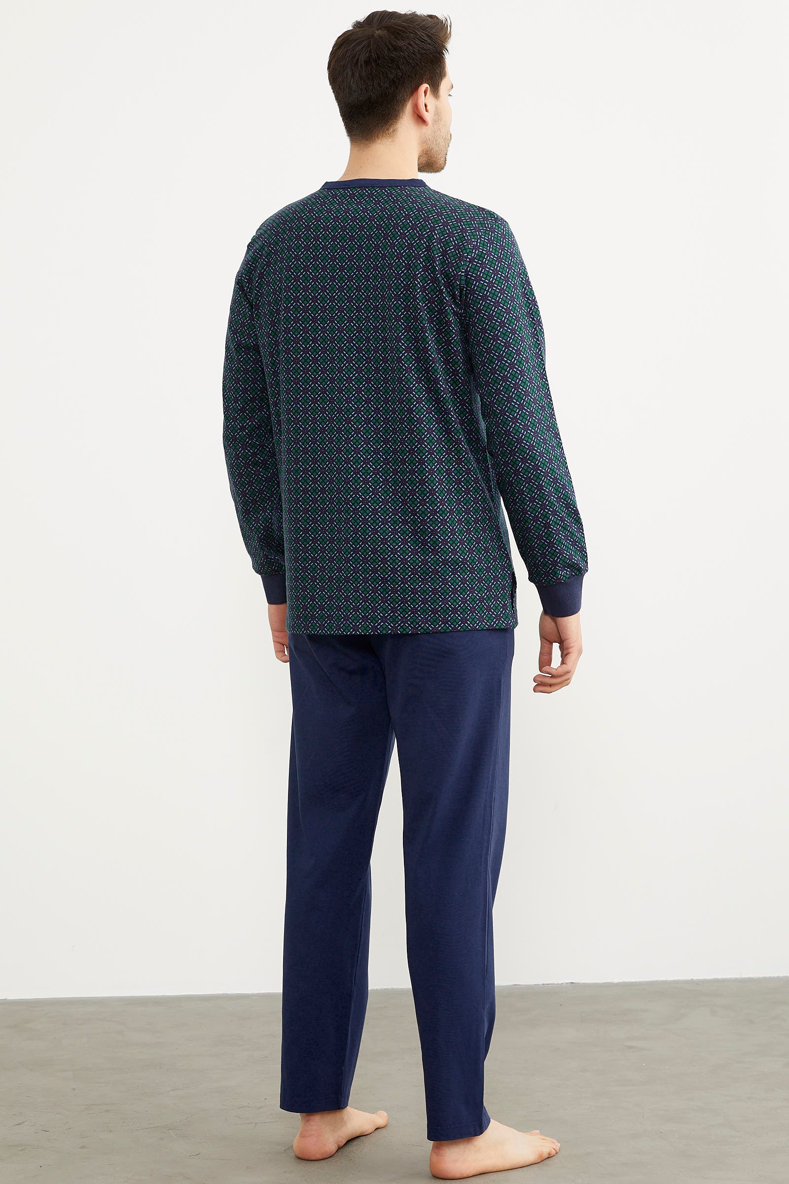 Desenli Düğmeli Yaka Pijama Takım - Lacivert (5) Sementa