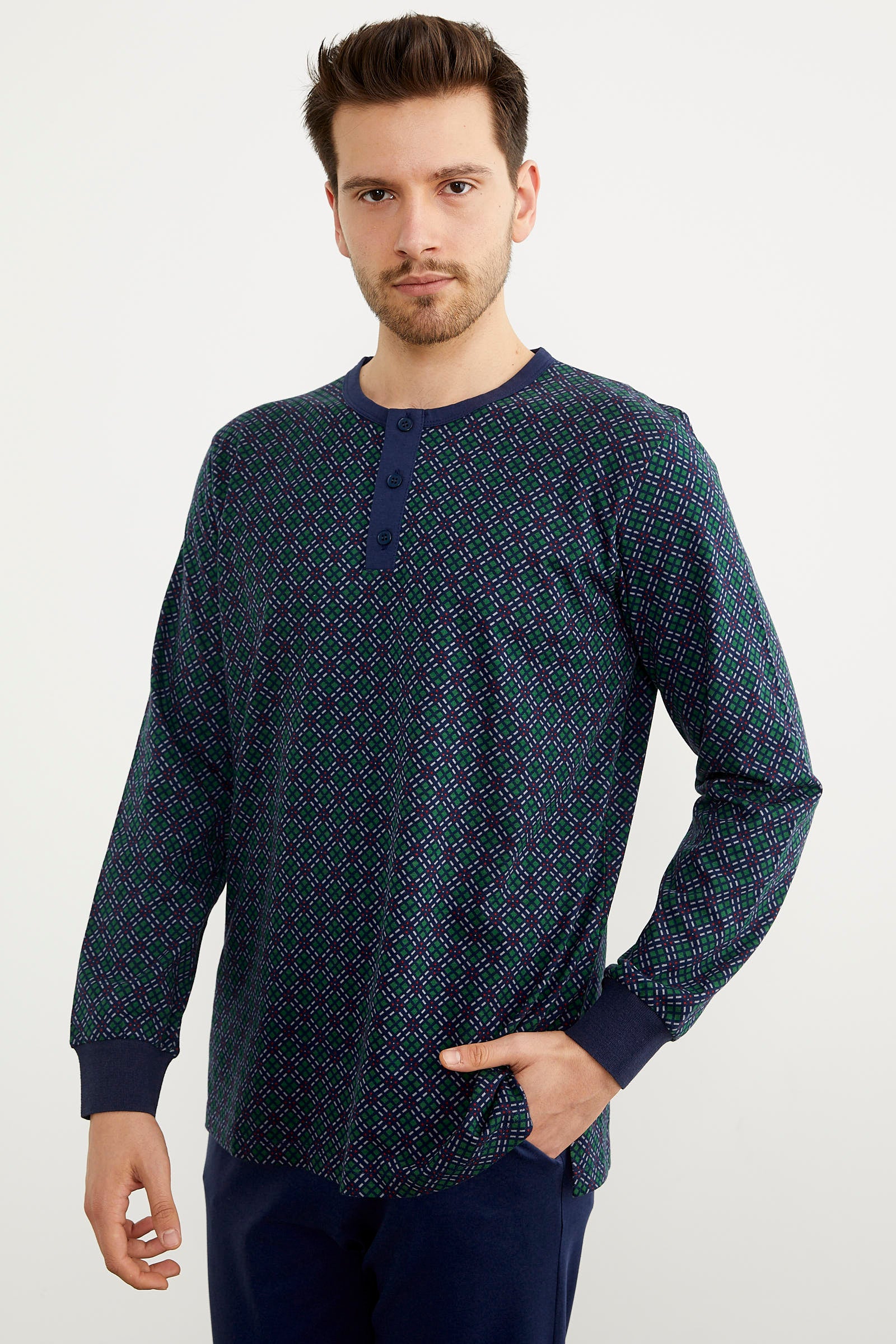 Desenli Düğmeli Yaka Pijama Takım - Lacivert (4) Sementa